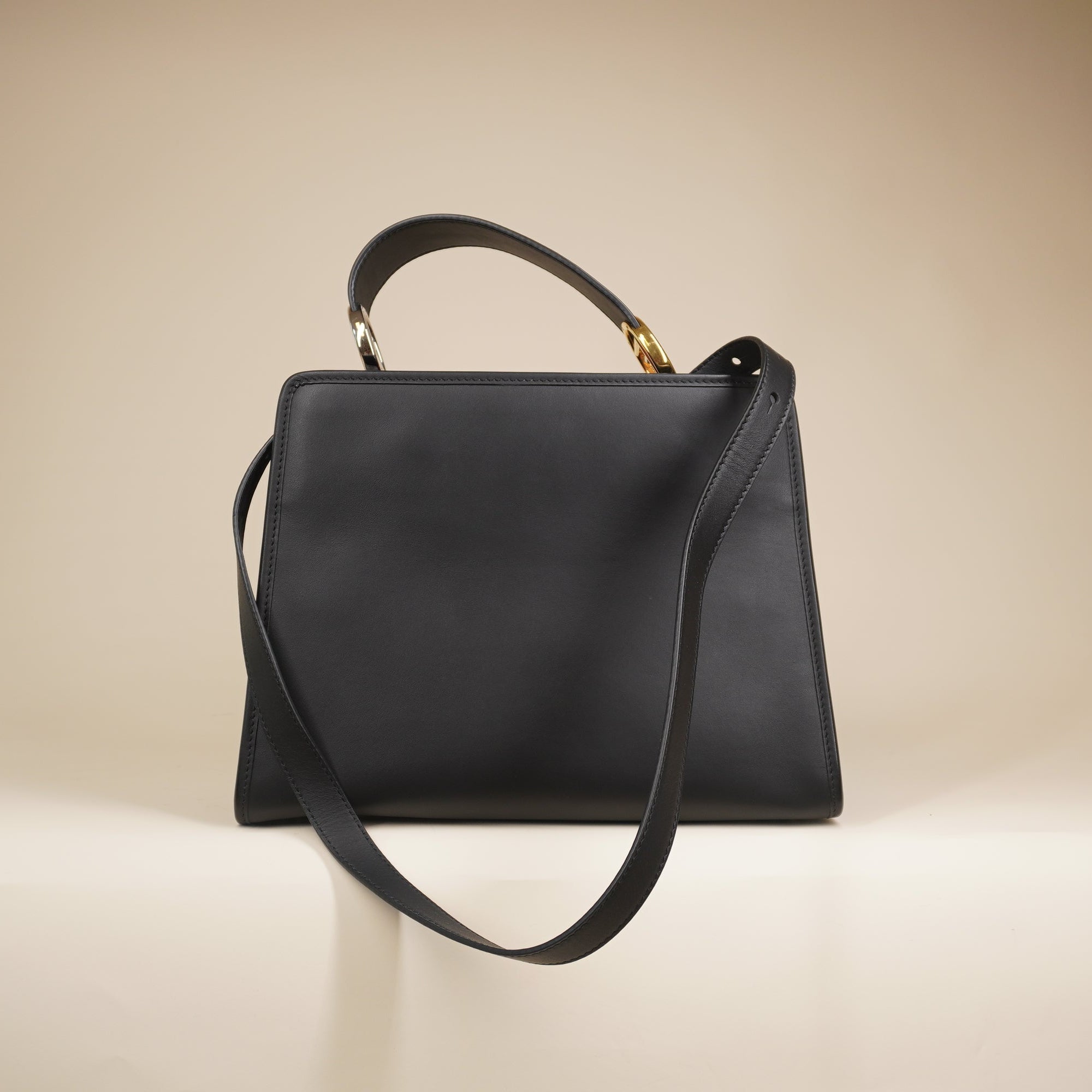 PRE-OWNED Vitello Century F is Fendi FF 1974 Embossed Small Runaway Satchel Black Maya