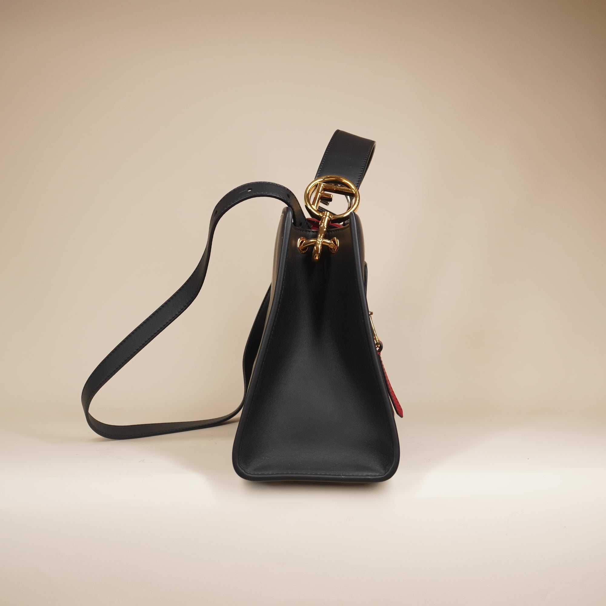 PRE-OWNED Vitello Century F is Fendi FF 1974 Embossed Small Runaway Satchel Black Maya