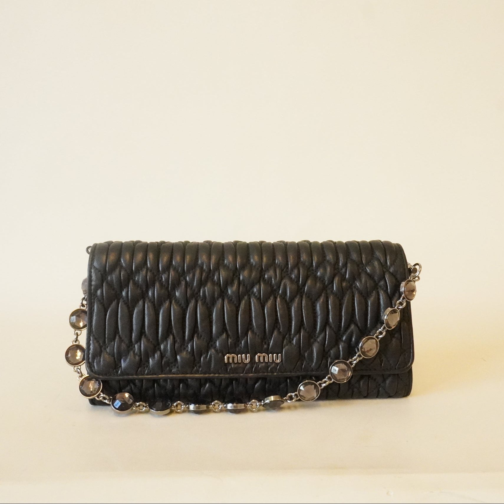 PRE-OWNED Black Nappa Leather Crystal Wallet on Chain