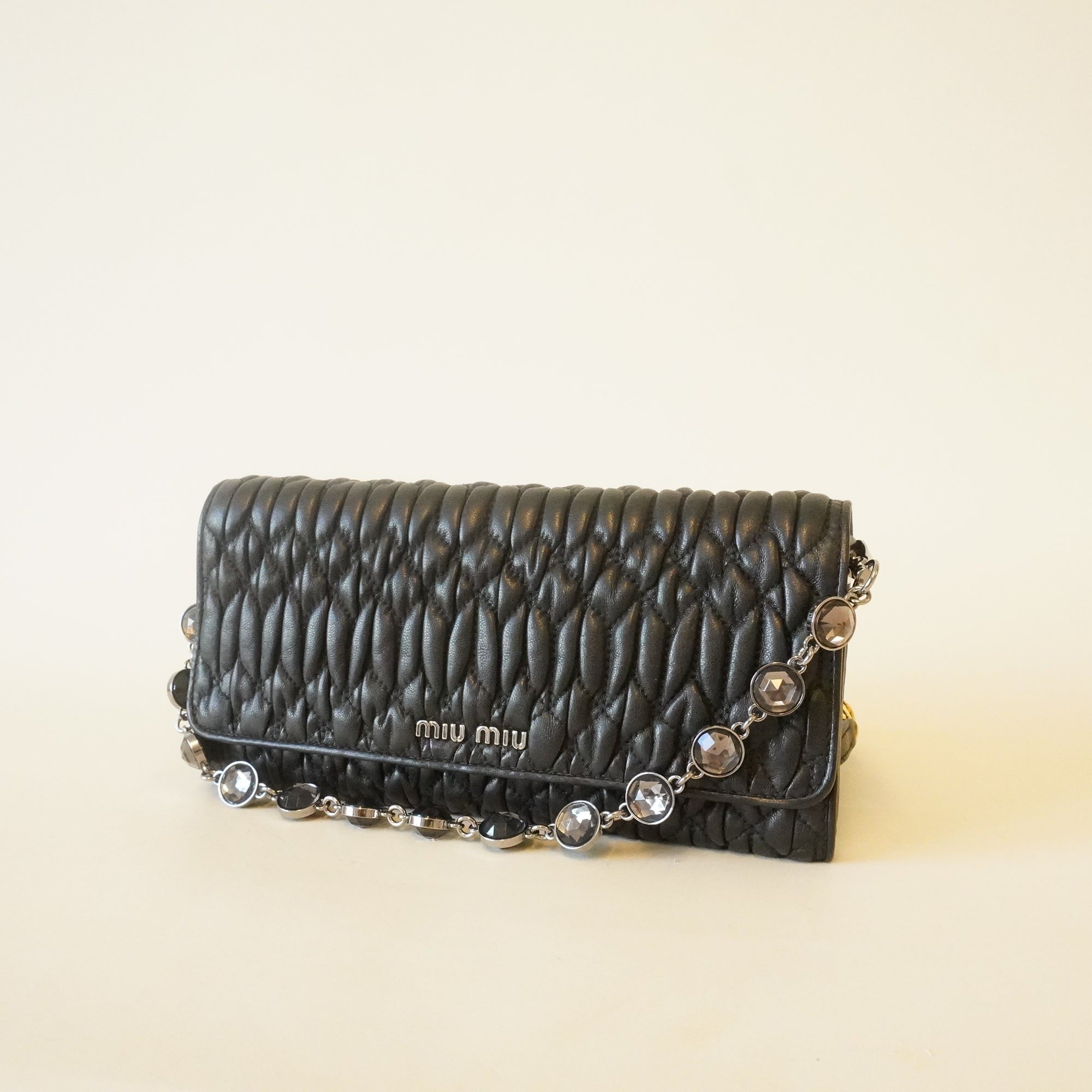 PRE-OWNED Black Nappa Leather Crystal Wallet on Chain