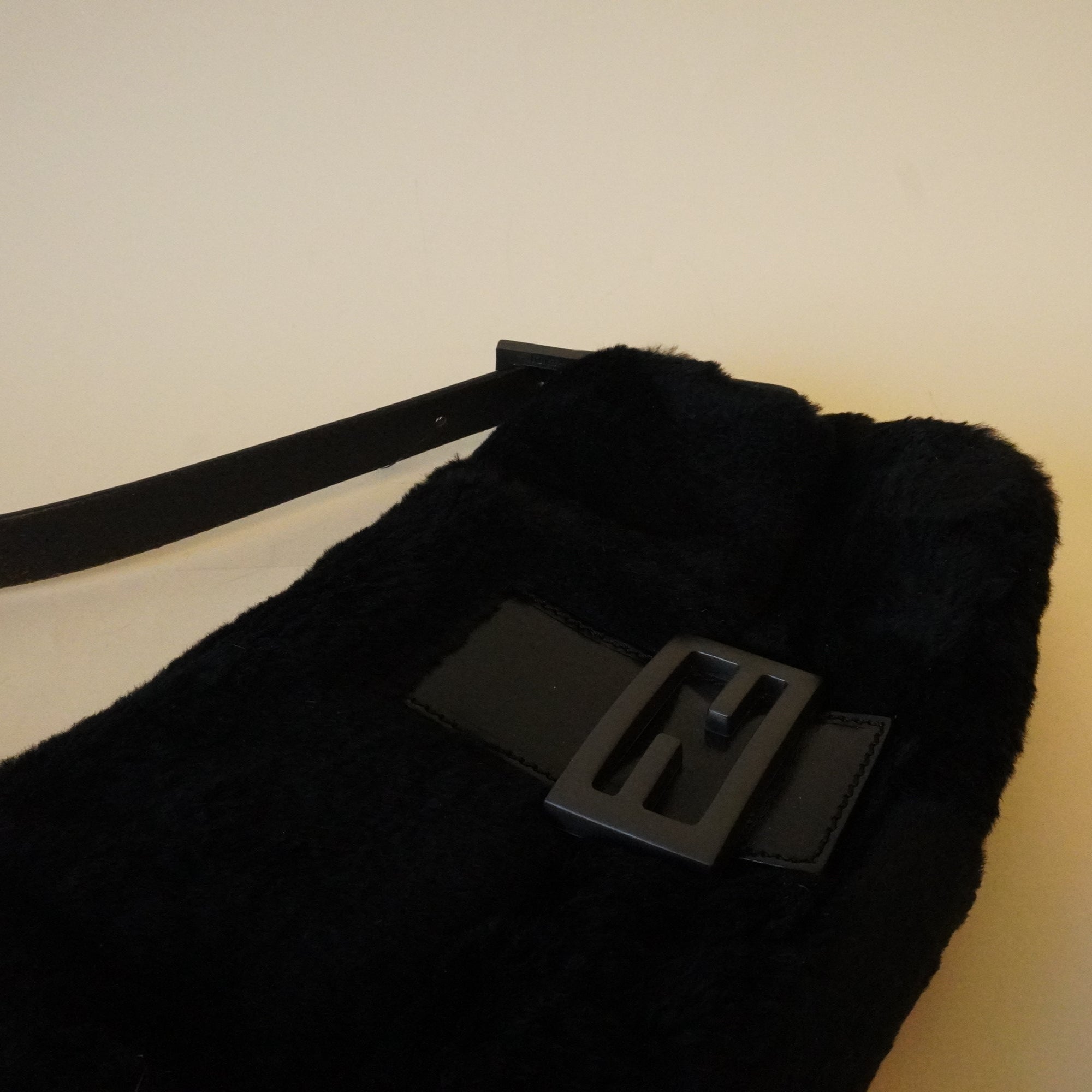 PRE-OWNED Black Fur Baguette Shoulder Bag