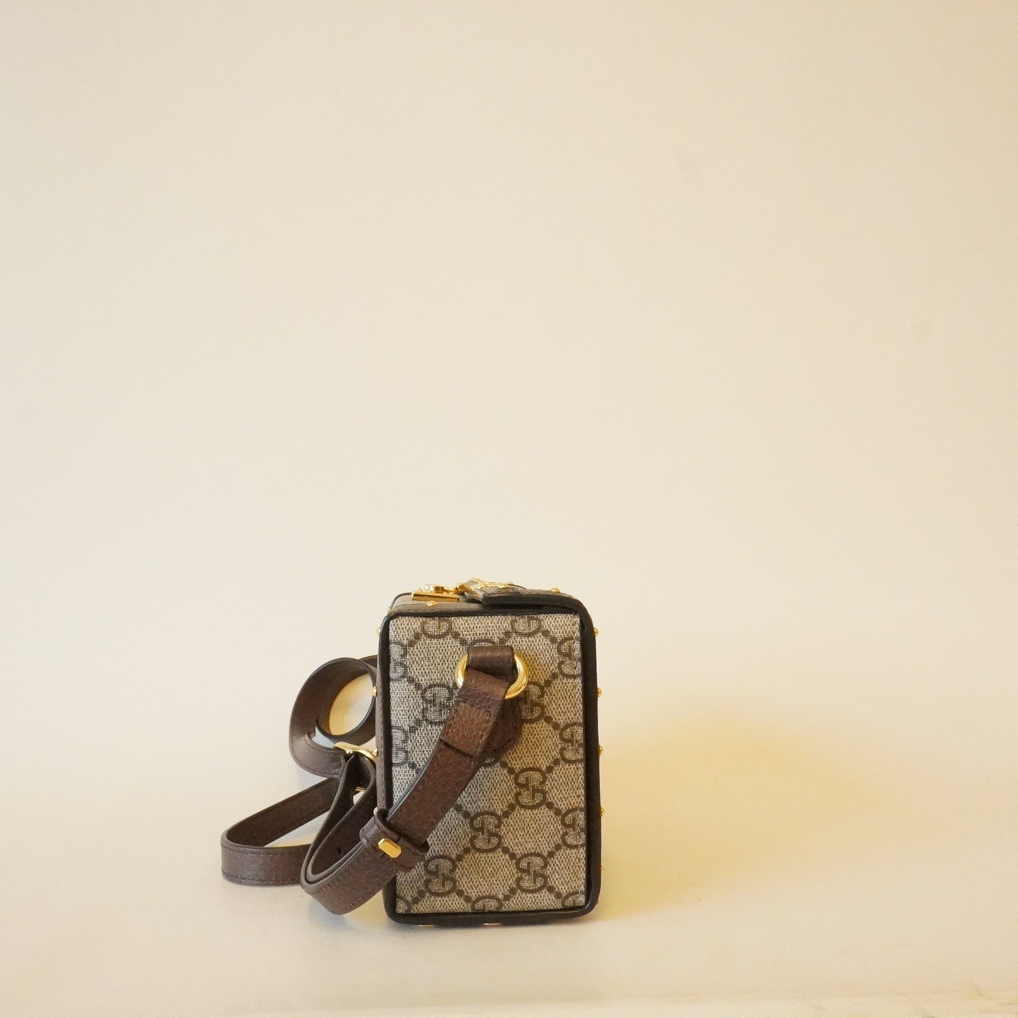 PRE-OWNED GG Trunk Flap Lock Shoulder Bag GG Coated Canvas with Studded Leather