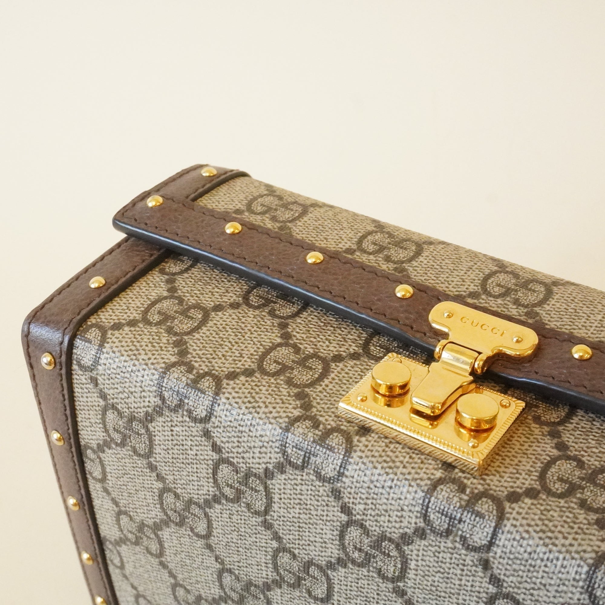 PRE-OWNED GG Trunk Flap Lock Shoulder Bag GG Coated Canvas with Studded Leather
