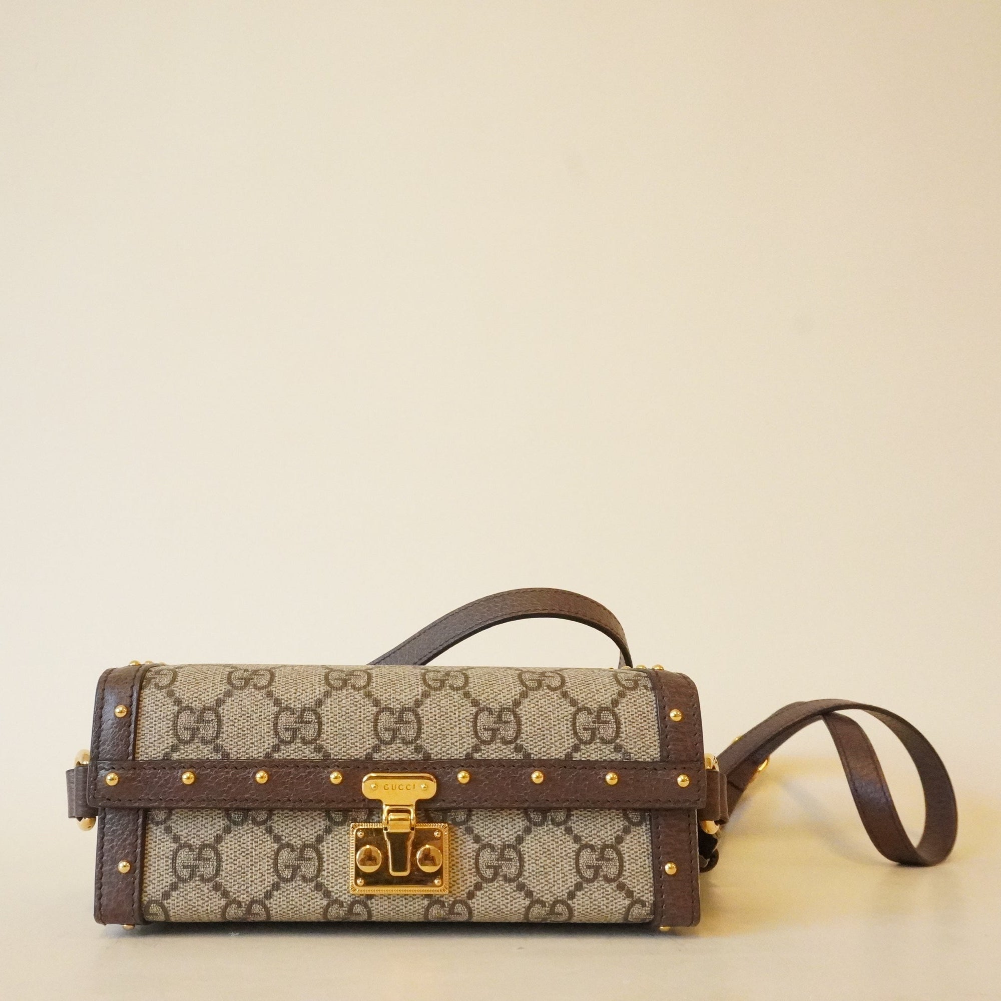 PRE-OWNED GG Trunk Flap Lock Shoulder Bag GG Coated Canvas with Studded Leather