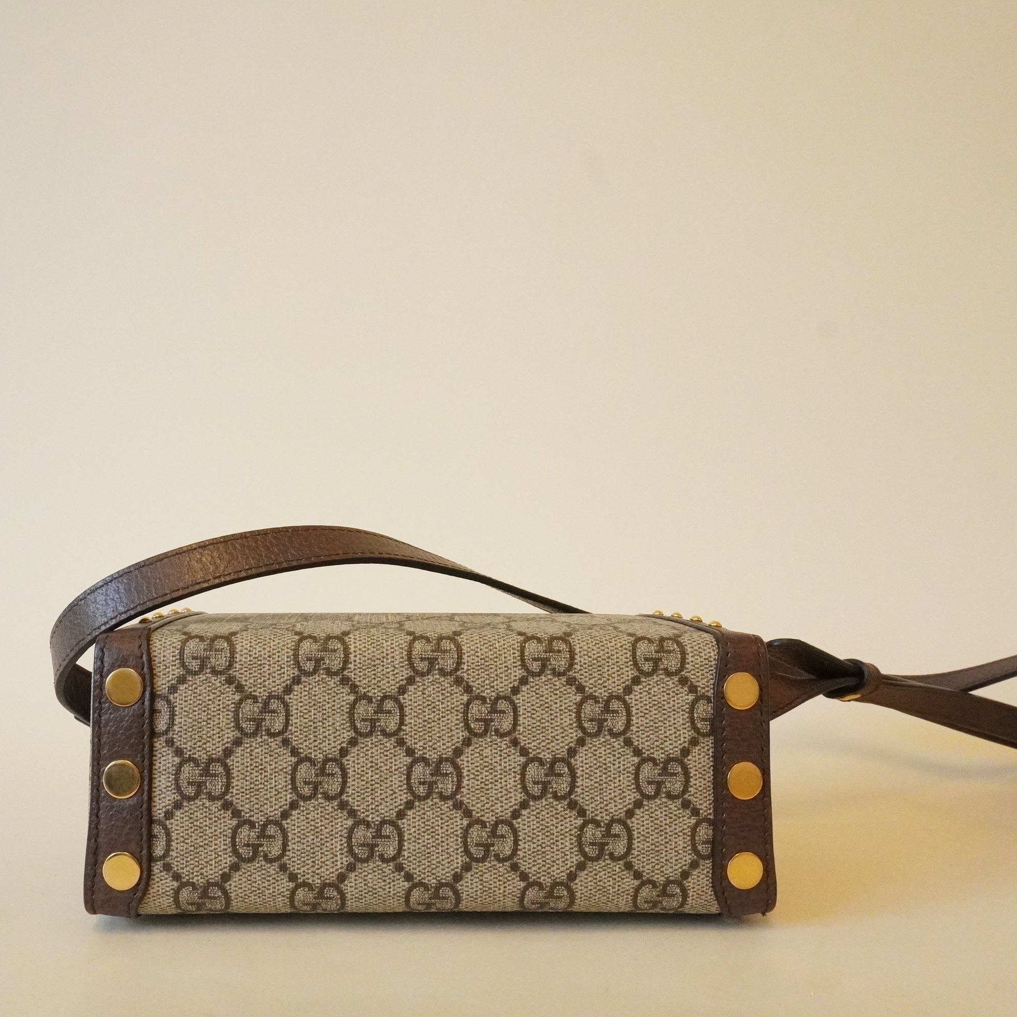 PRE-OWNED GG Trunk Flap Lock Shoulder Bag GG Coated Canvas with Studded Leather