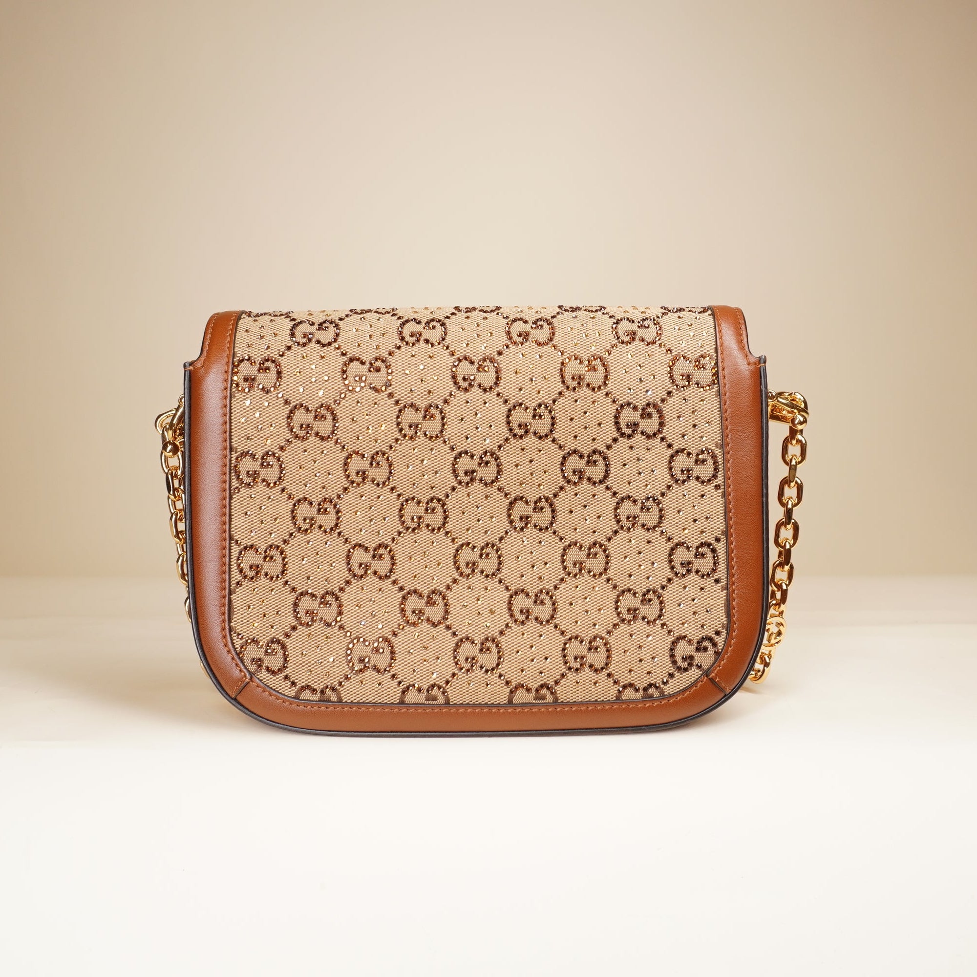 PRE-OWNED Calfskin Crystal GG Monogram Mini Horsebit 1955 Shoulder Bag