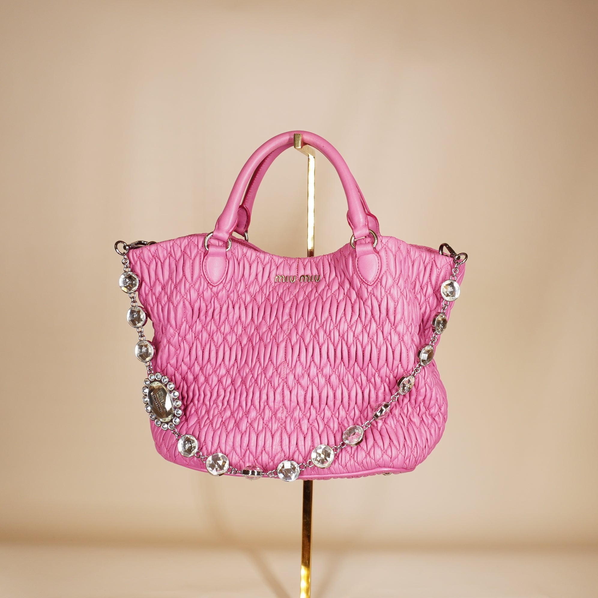 PRE-OWNED Nappa Matelasse Swarovski Crystal Tote Pink Shoulder Bag
