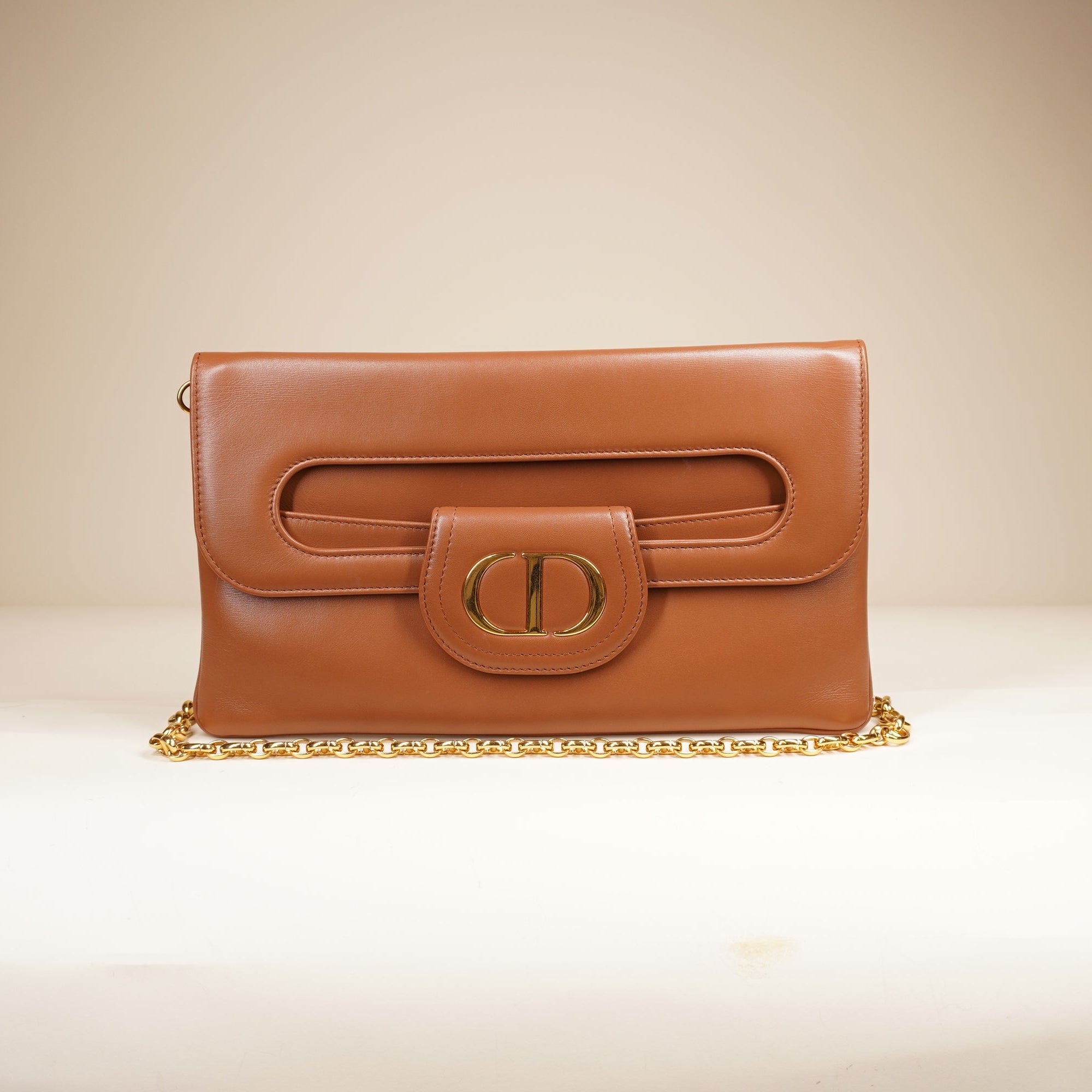 PRE-OWNED CD Medium Calfskin Dior Double Chain Brown Crossbody Bag