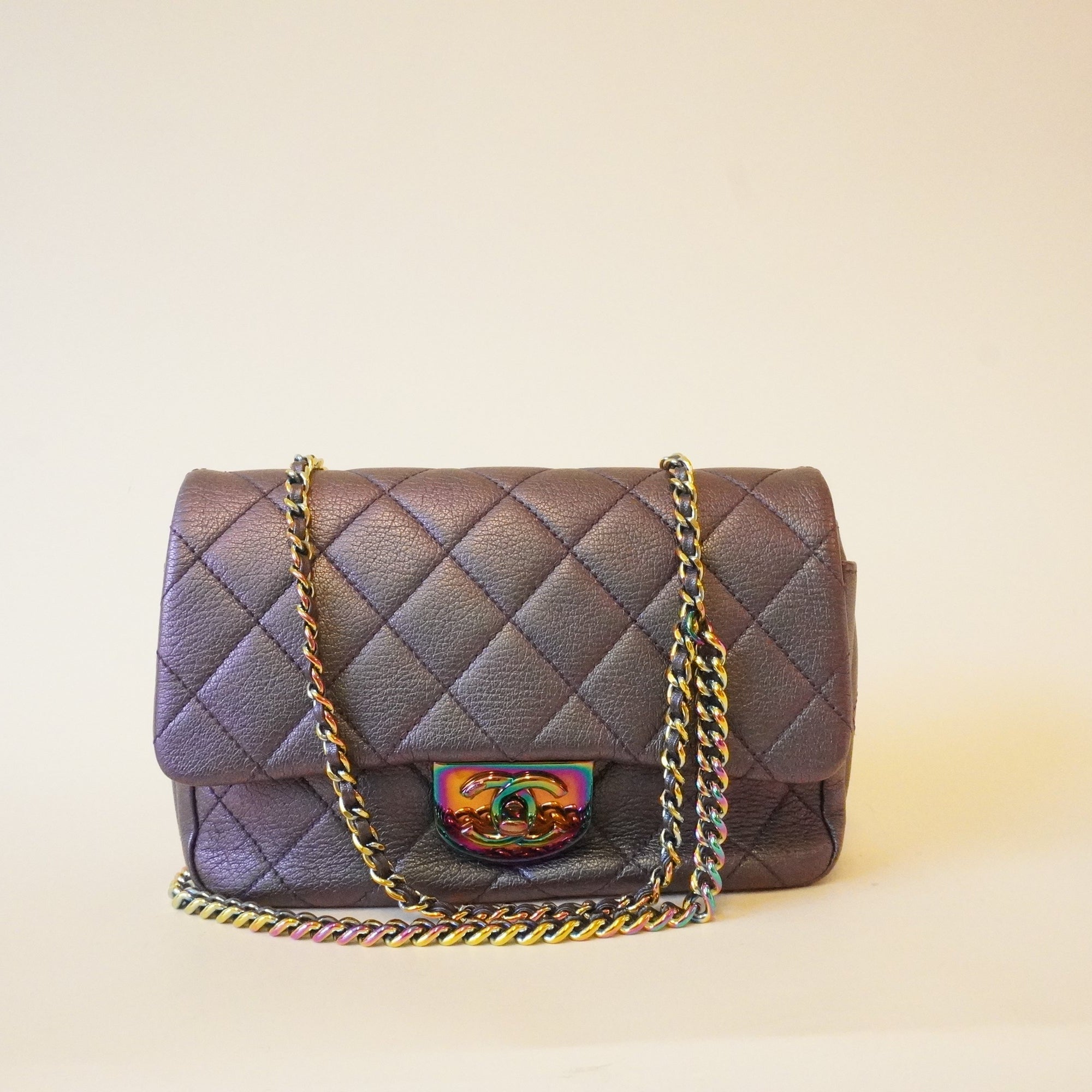 PRE-OWNED CC Purple Iridescent Quilted Lambskin Double Carry Waist Chain Small Flap Bag