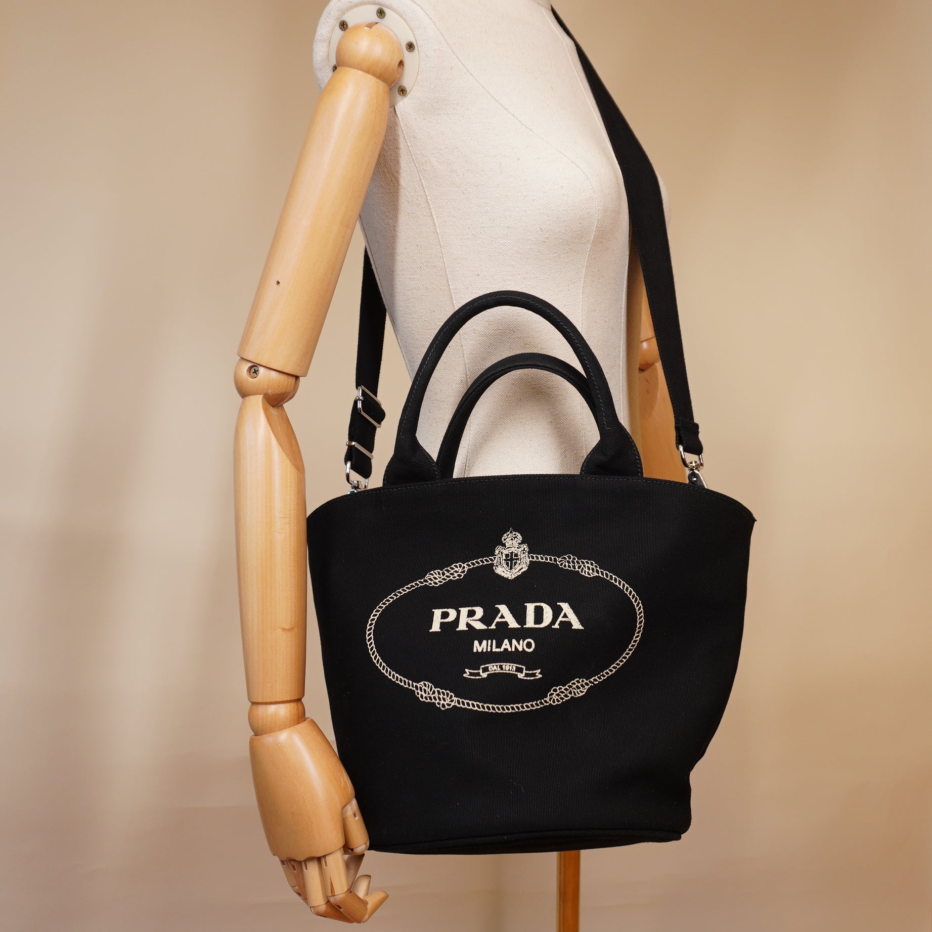 PRE-OWNED Canapa Small Shopping Tote Bag and Shoulder Bag Black