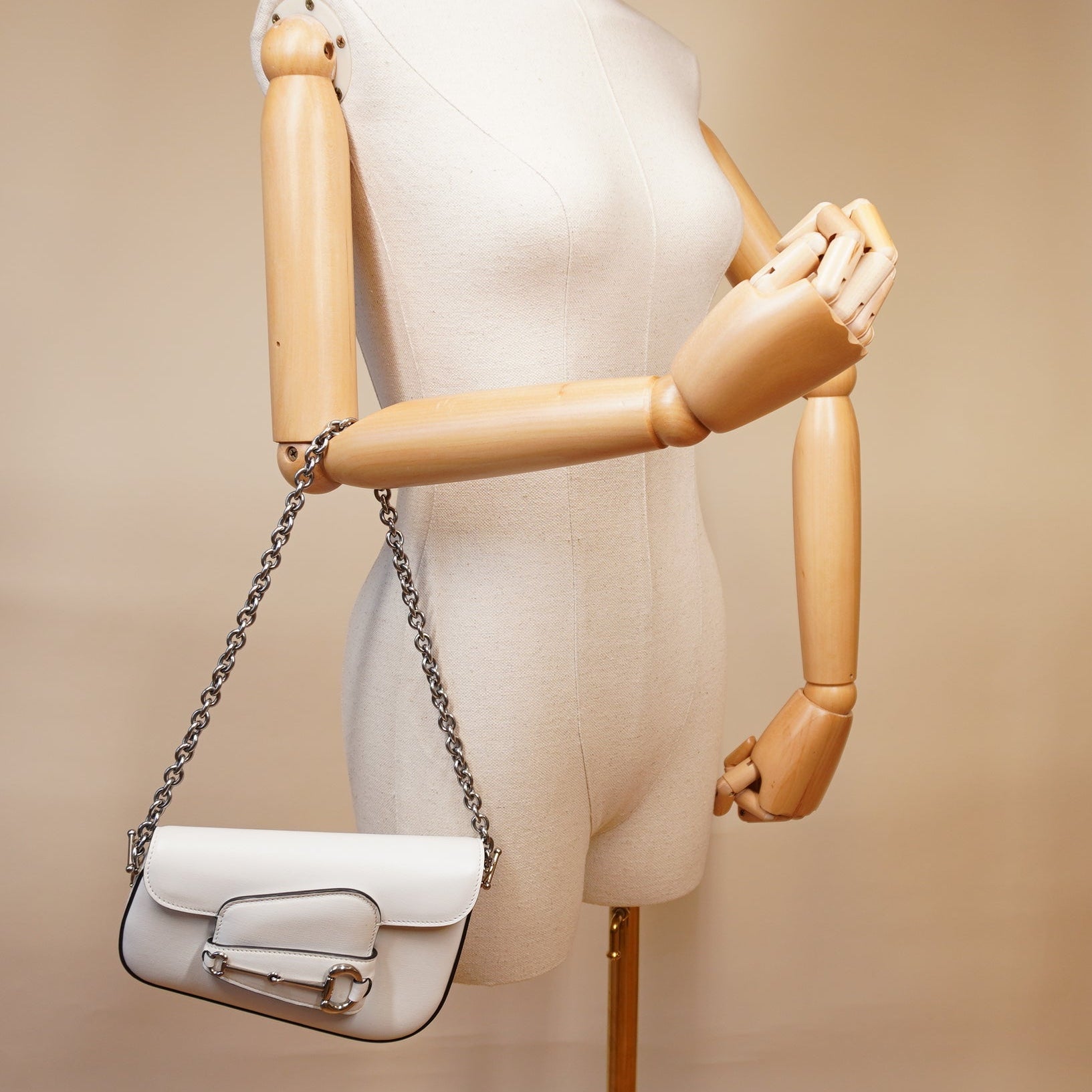 PRE-OWNED GG Calfskin Mini Horsebit 1955 Asymmetric Shoulder Bag White