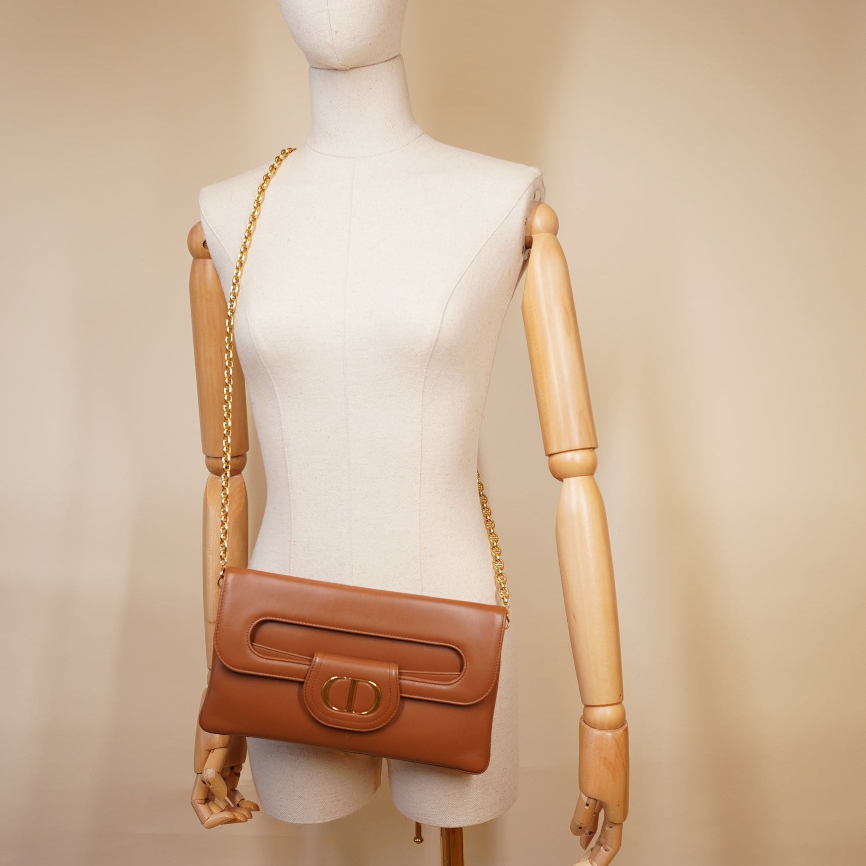 PRE-OWNED CD Medium Calfskin Dior Double Chain Brown Crossbody Bag