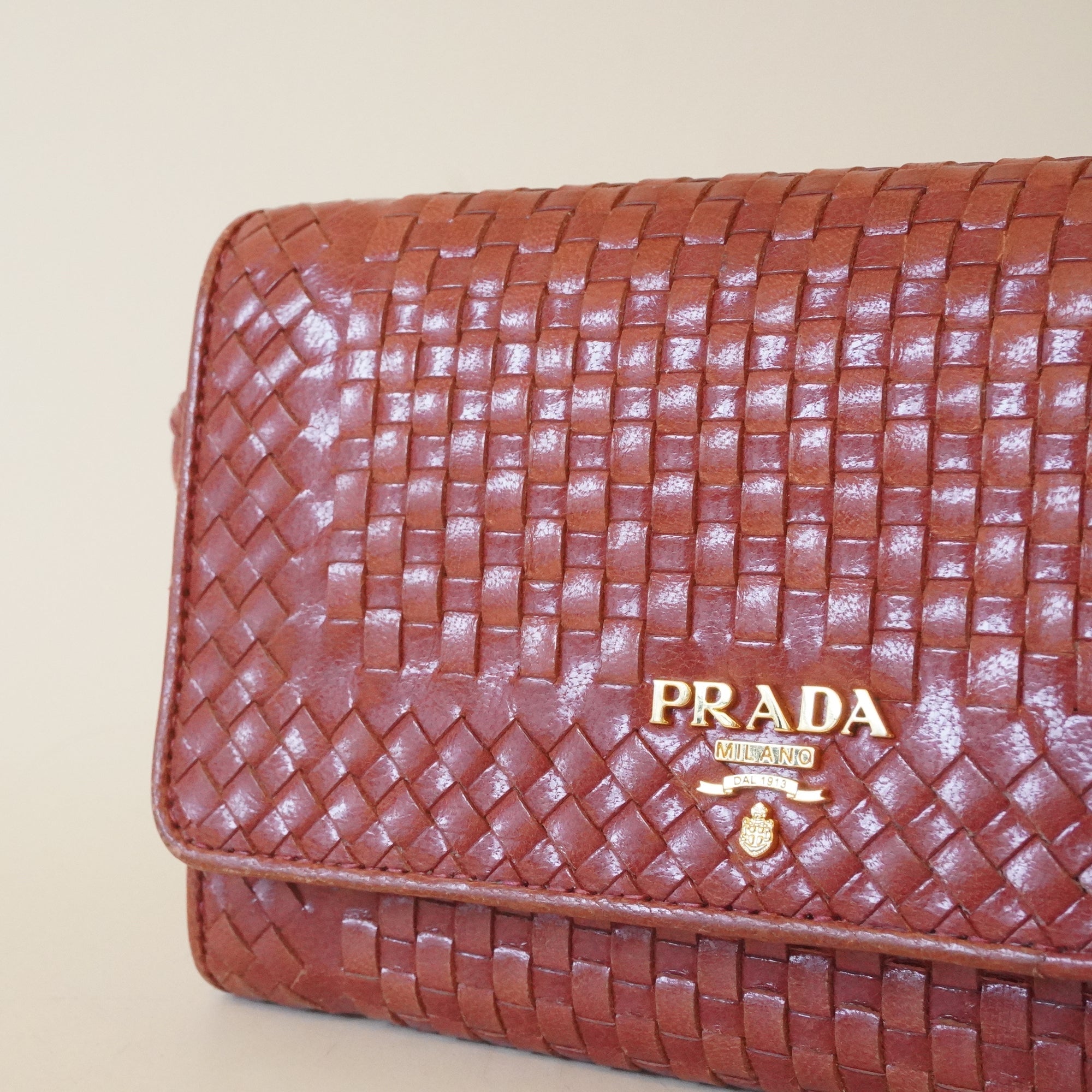 PRE-OWNED Red Lambskin Woven Madras Wallet on Chain