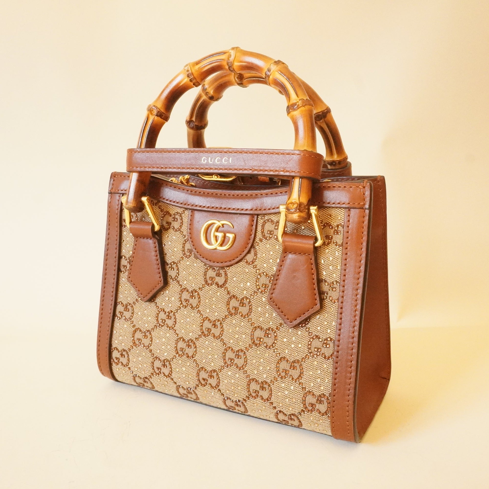 PRE-OWNED GG Charisma Calfskin Crystal GG Monogram Mini Diana Tote Bag Camel