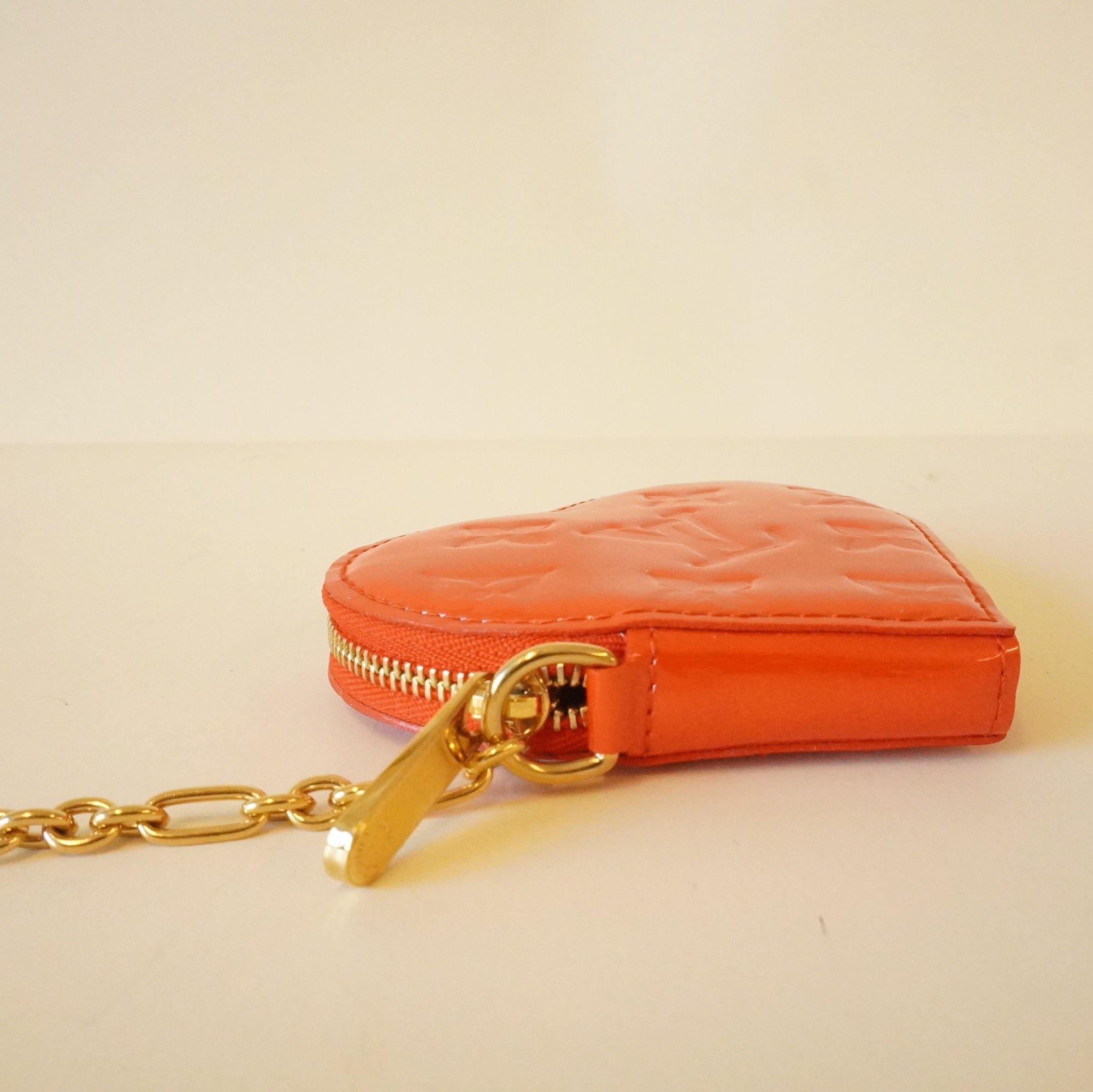 PRE-OWNED LV Vernis Heart Coin Purse Red Sunset