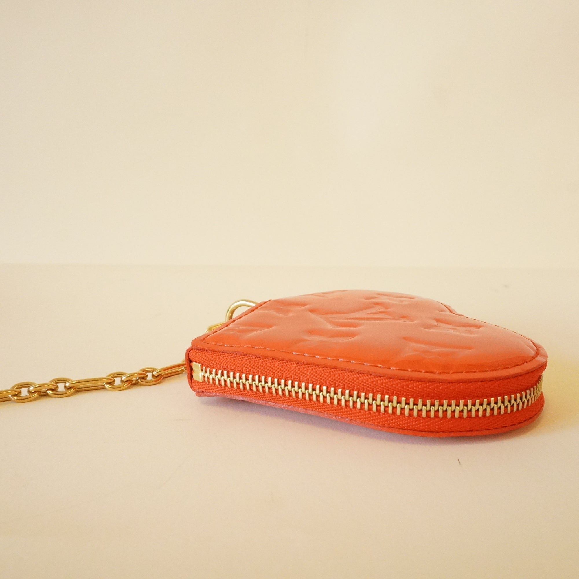 PRE-OWNED LV Vernis Heart Coin Purse Red Sunset