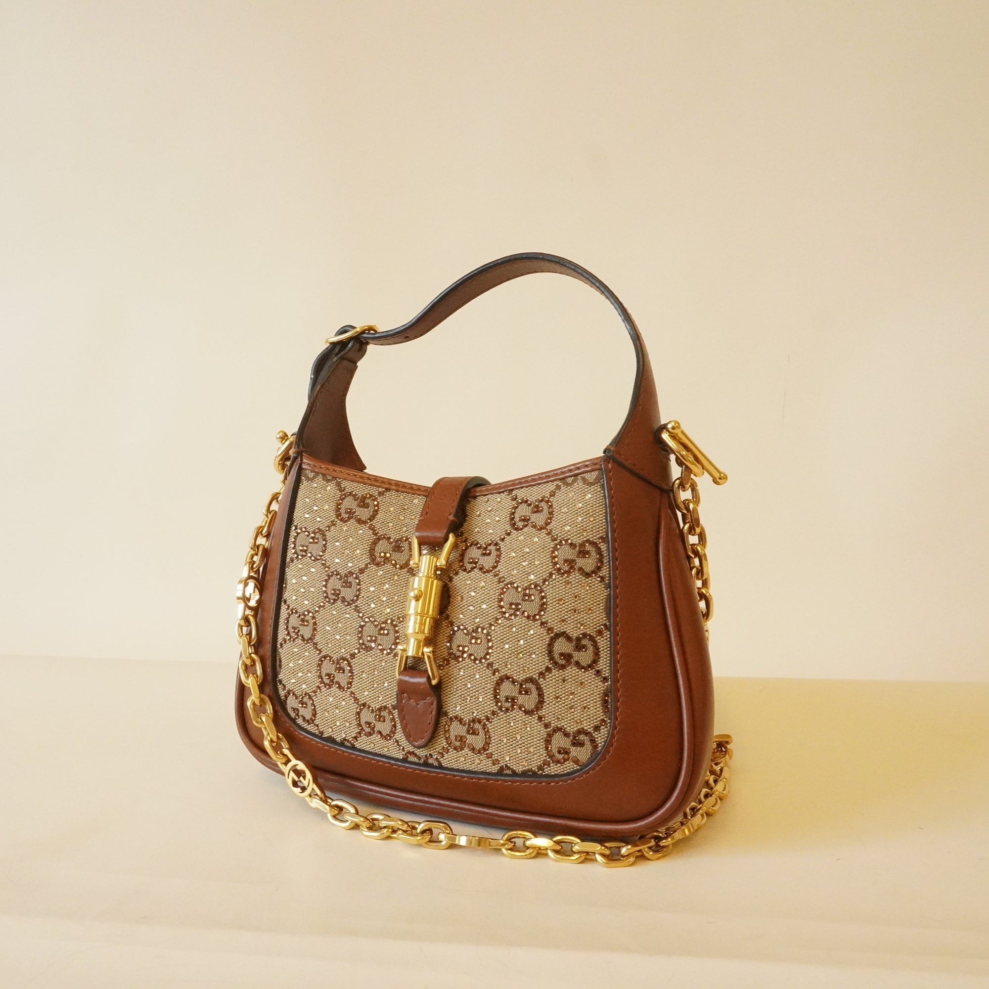 PRE-OWNED GG Brown Gucci Jackie 1961 Crystals Mini Bag