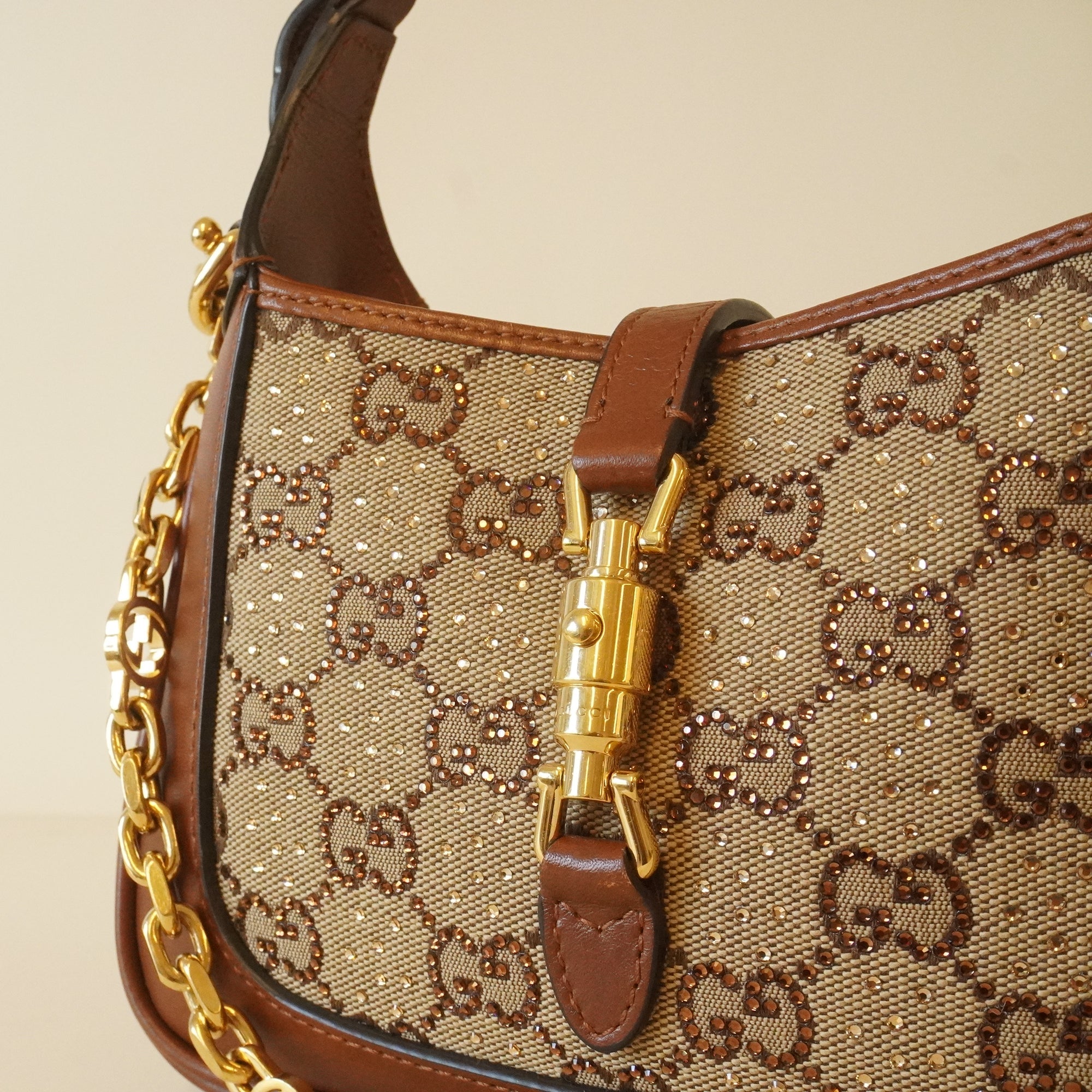 PRE-OWNED GG Brown Gucci Jackie 1961 Crystals Mini Bag