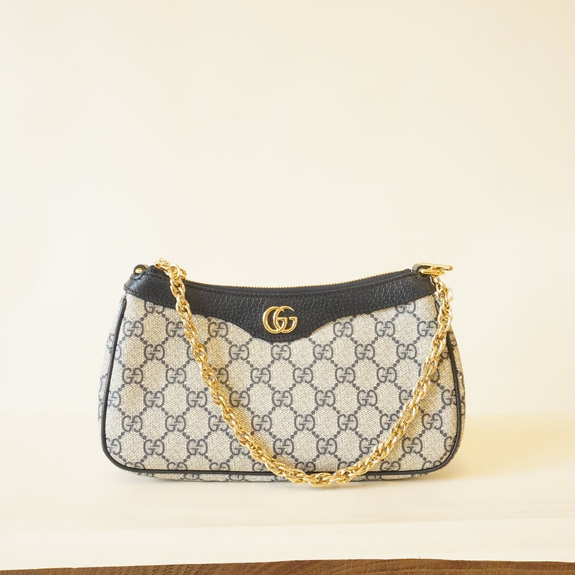 PRE OWNED - Supreme Monogram Textured Dollar Calfskin Web Small Ophidia GG Shoulder Bag Beige