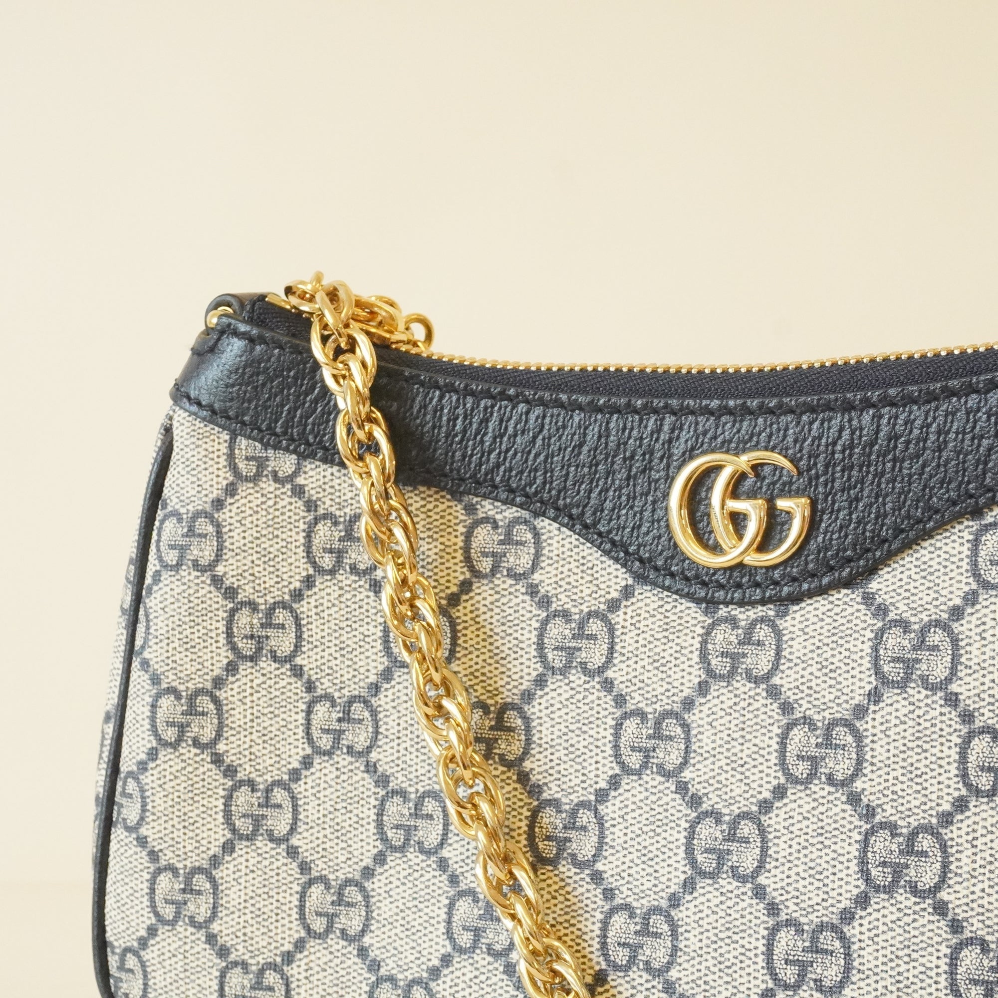 PRE OWNED - Supreme Monogram Textured Dollar Calfskin Web Small Ophidia GG Shoulder Bag Beige