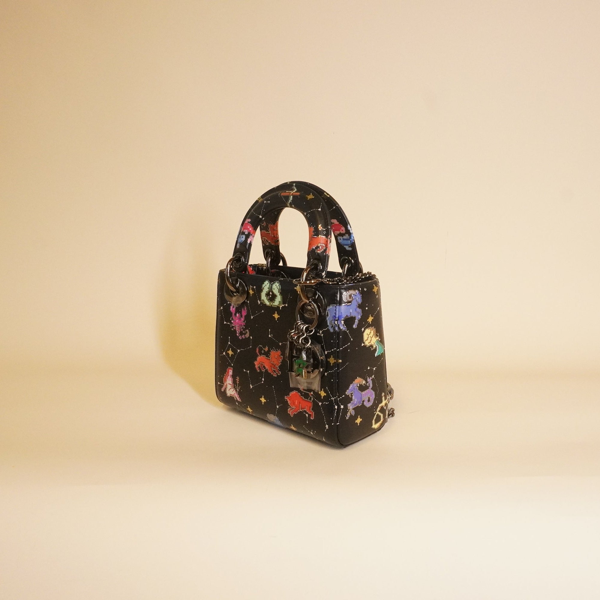 PRE-OWNED Black Leather Mini Lady Dior Pixel Zodiac Handbag