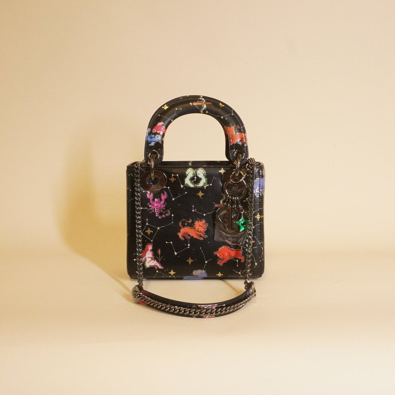 PRE-OWNED Black Leather Mini Lady Dior Pixel Zodiac Handbag
