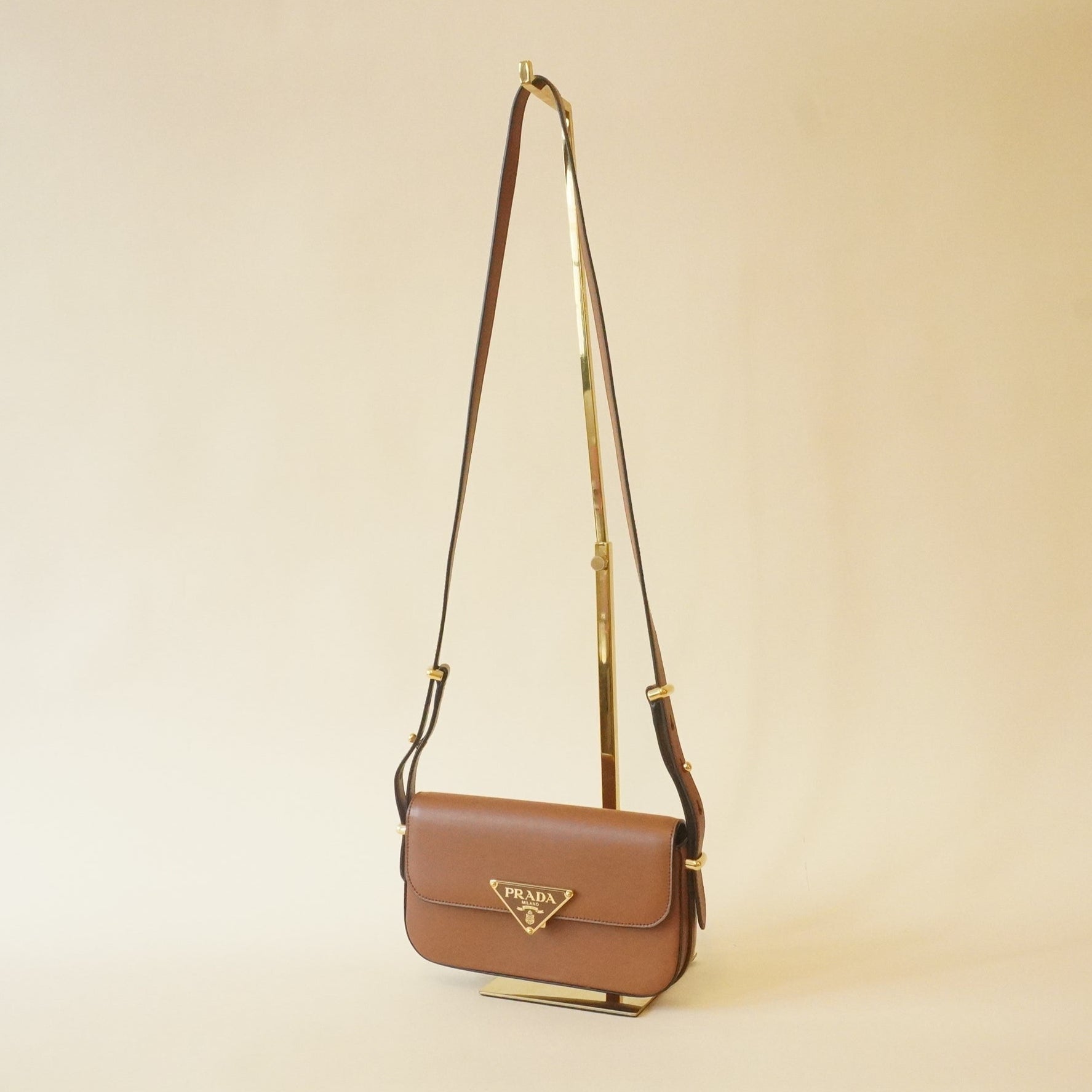 PRE-OWNED Soft Calfskin Metal Triangle Logo Flap Shoulder Bag Cognac