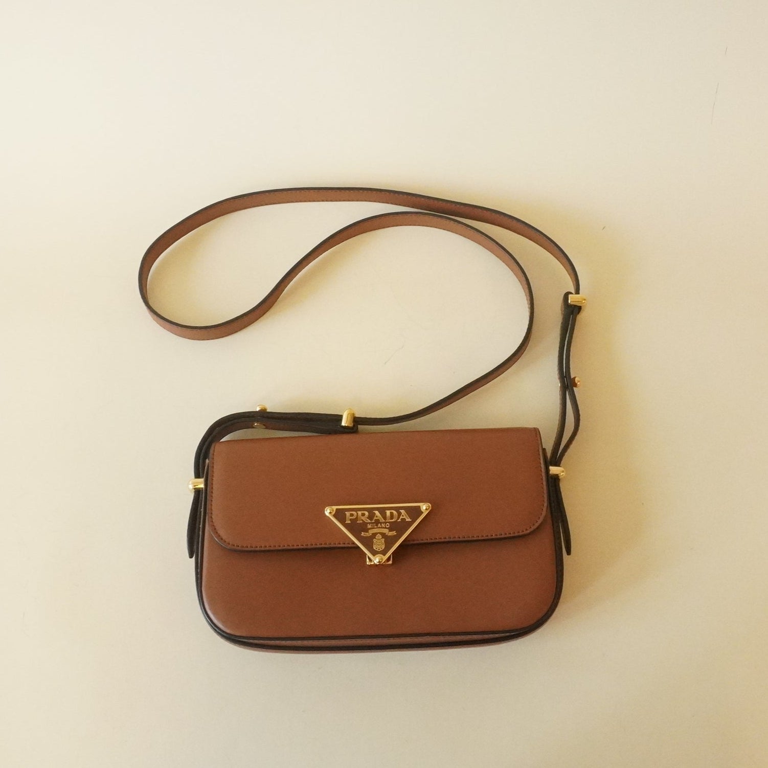 PRE-OWNED Soft Calfskin Metal Triangle Logo Flap Shoulder Bag Cognac