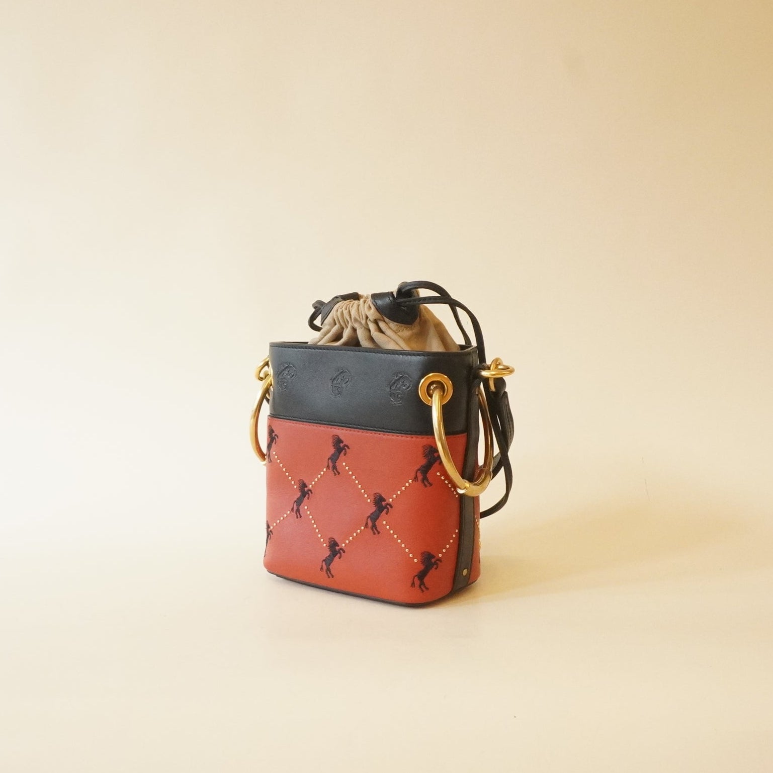 PRE-OWNED Mini Little Horses Embroidered Leather Bucket Shoulder Bag