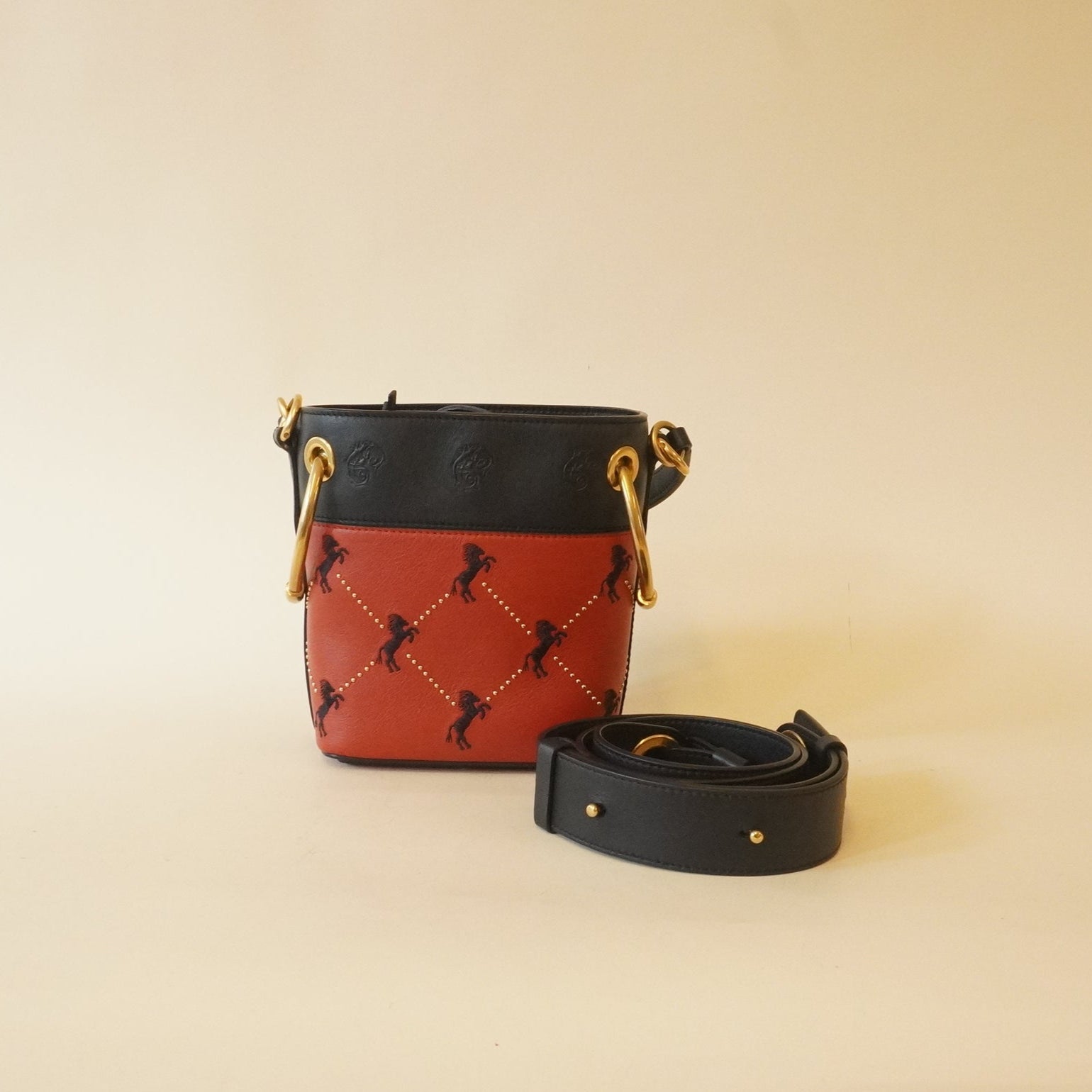 PRE-OWNED Mini Little Horses Embroidered Leather Bucket Shoulder Bag
