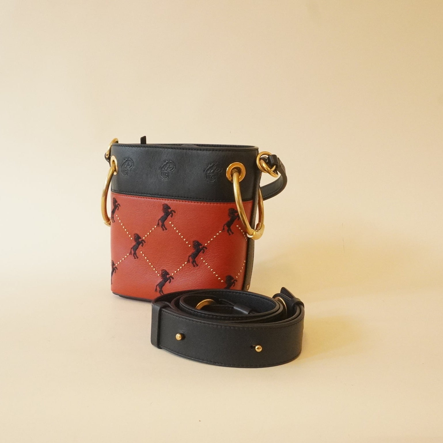 PRE-OWNED Mini Little Horses Embroidered Leather Bucket Shoulder Bag