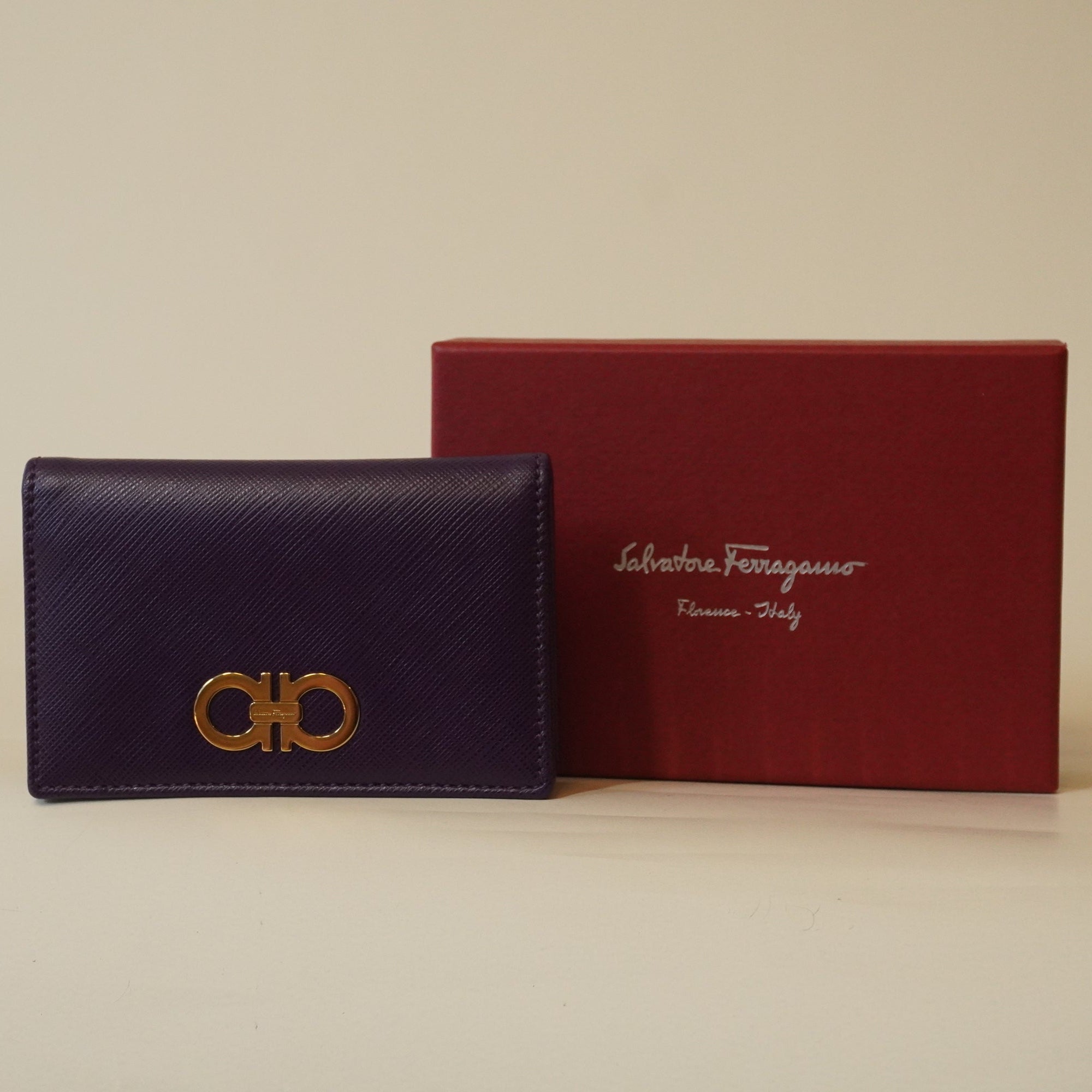PRE-OWNED Gancini Business Card Holder Purple Leather