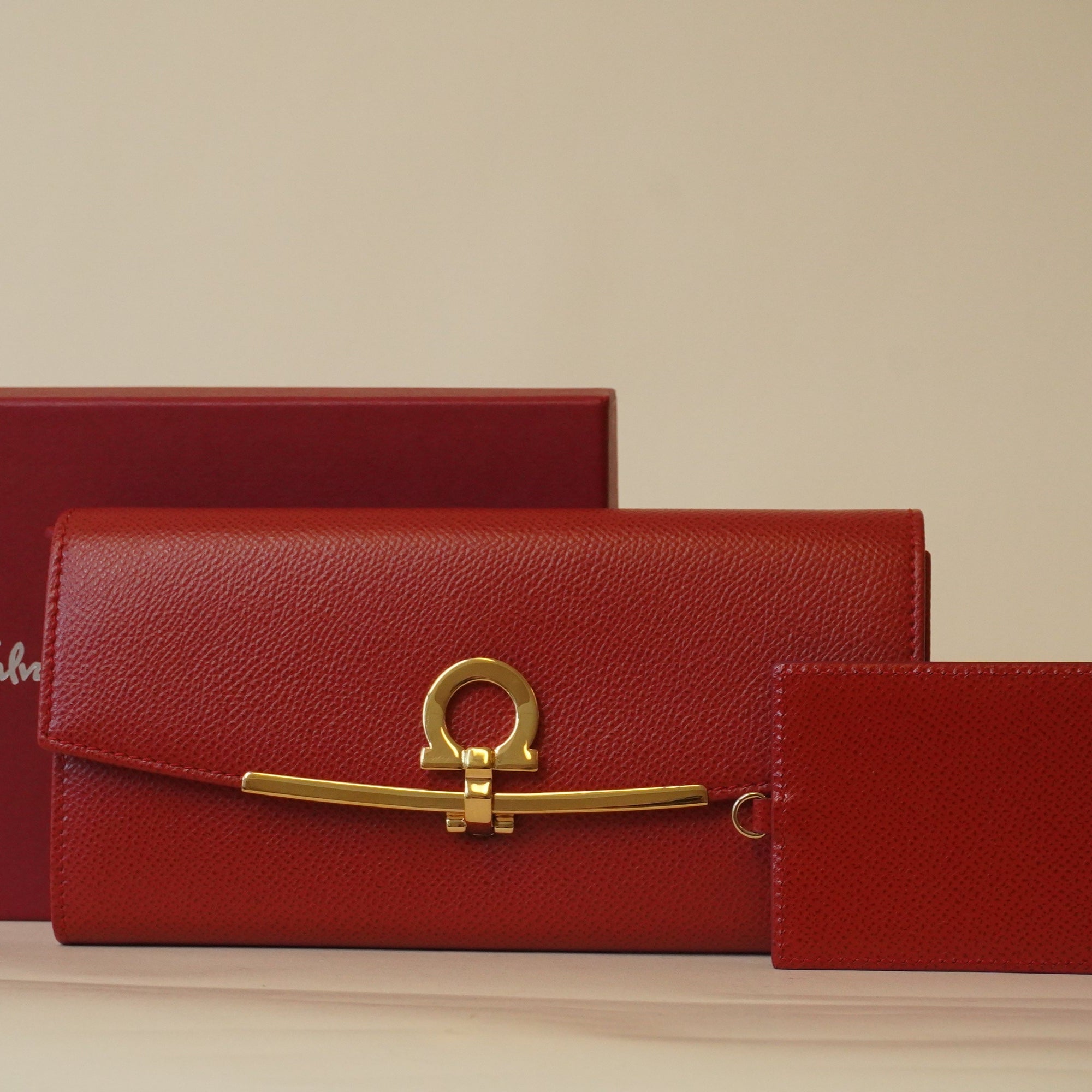 PRE-OWNED Gancini Long Wallet Red Leather