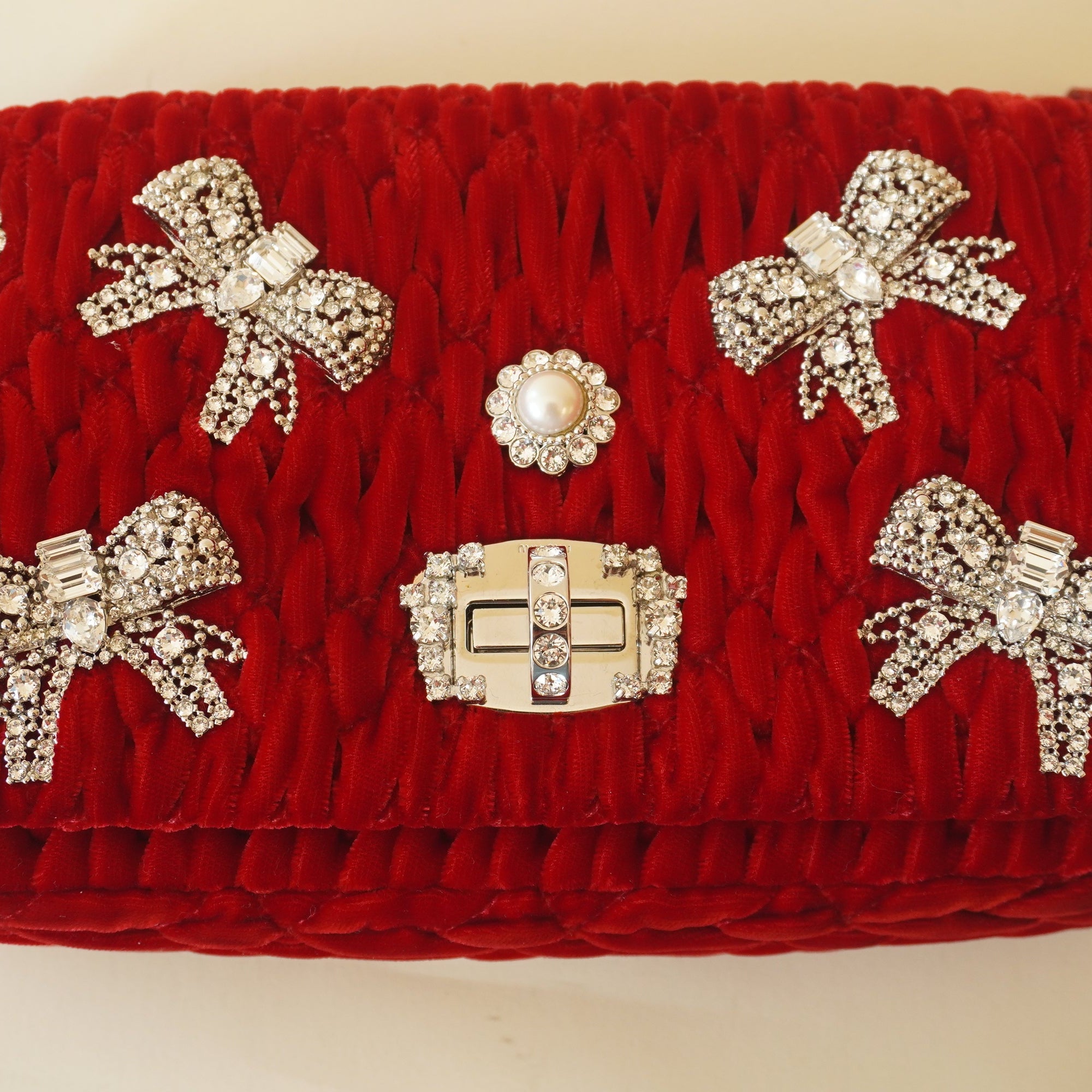 PRE-OWNED Iconic Crystal Red Velvet Shoulder Bag