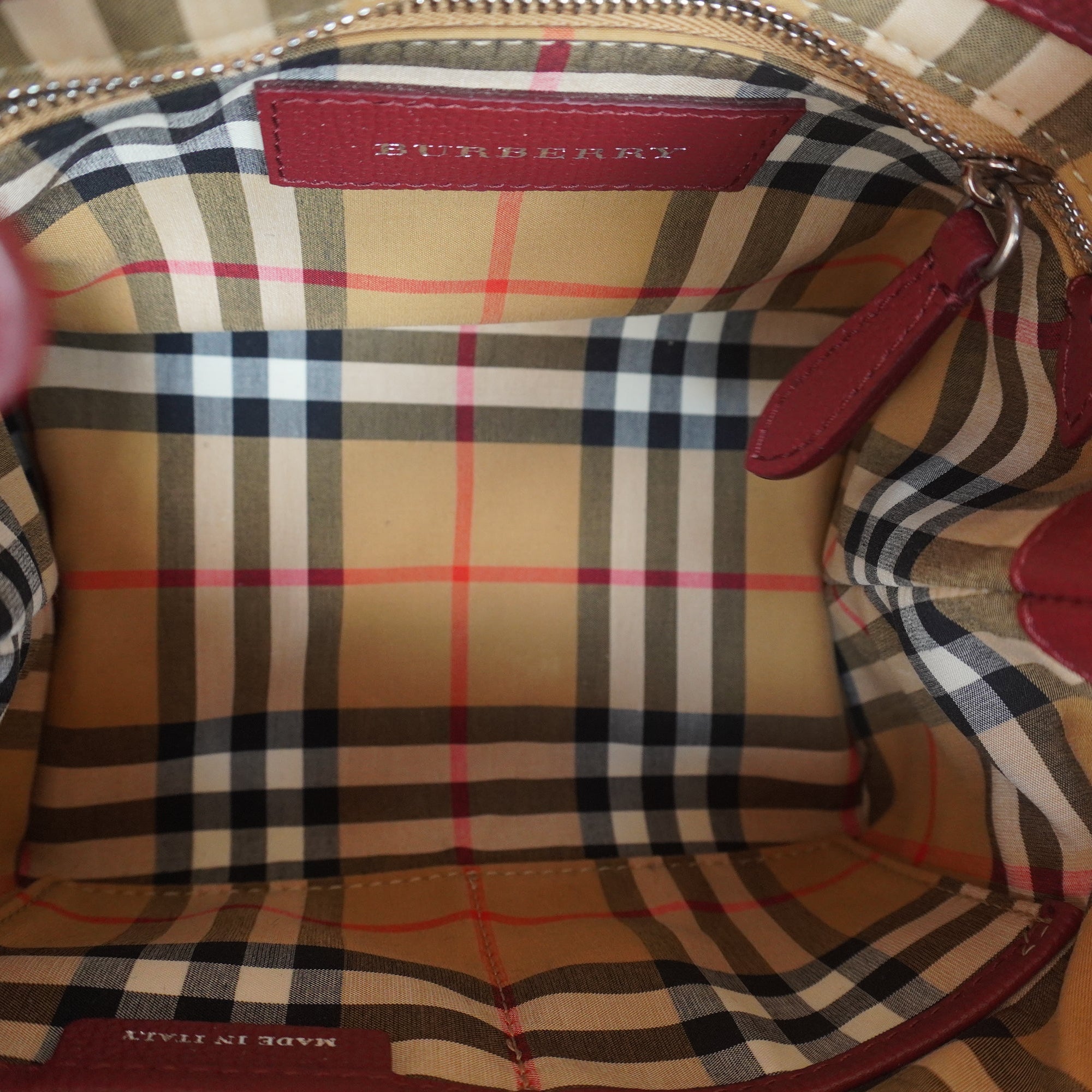 PRE-OWNED Grainy Calfskin House Check Baby Banner Tote Crimson ShoulderBag