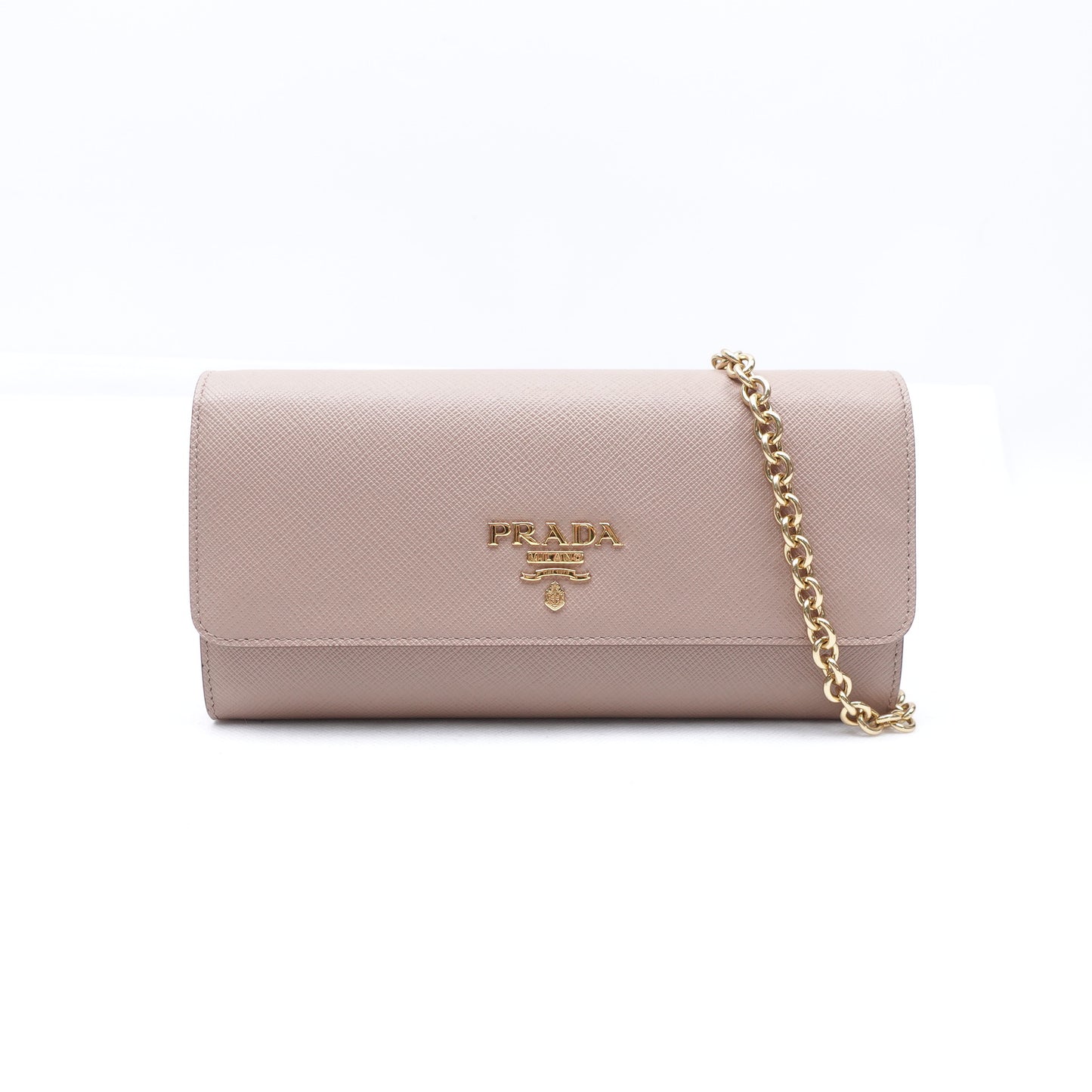 PRE-OWNED Beige Saffiano Leather Wallet on Chain