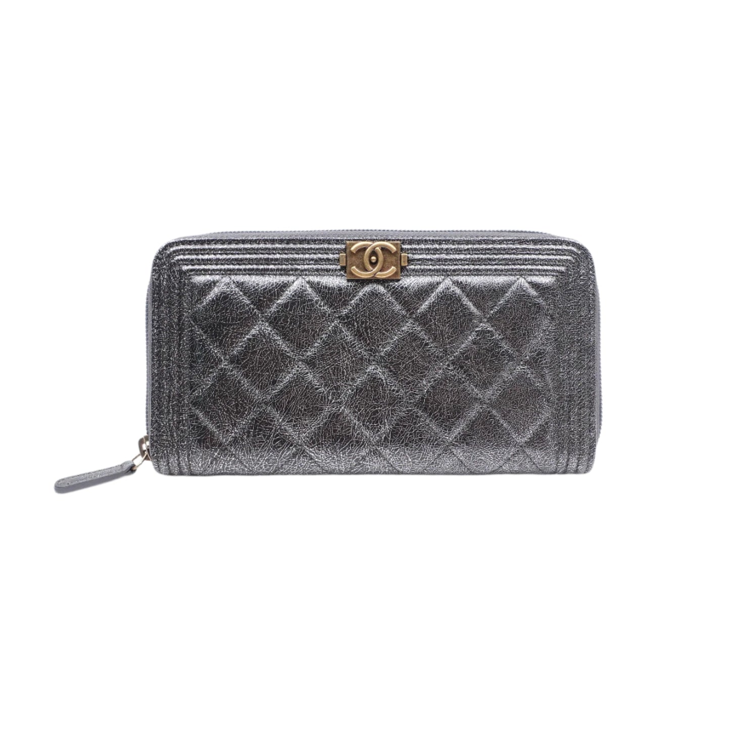PRE-OWNED CC Cracked Metallic Calfskin Quilted Boy Long Zip Around Wallet