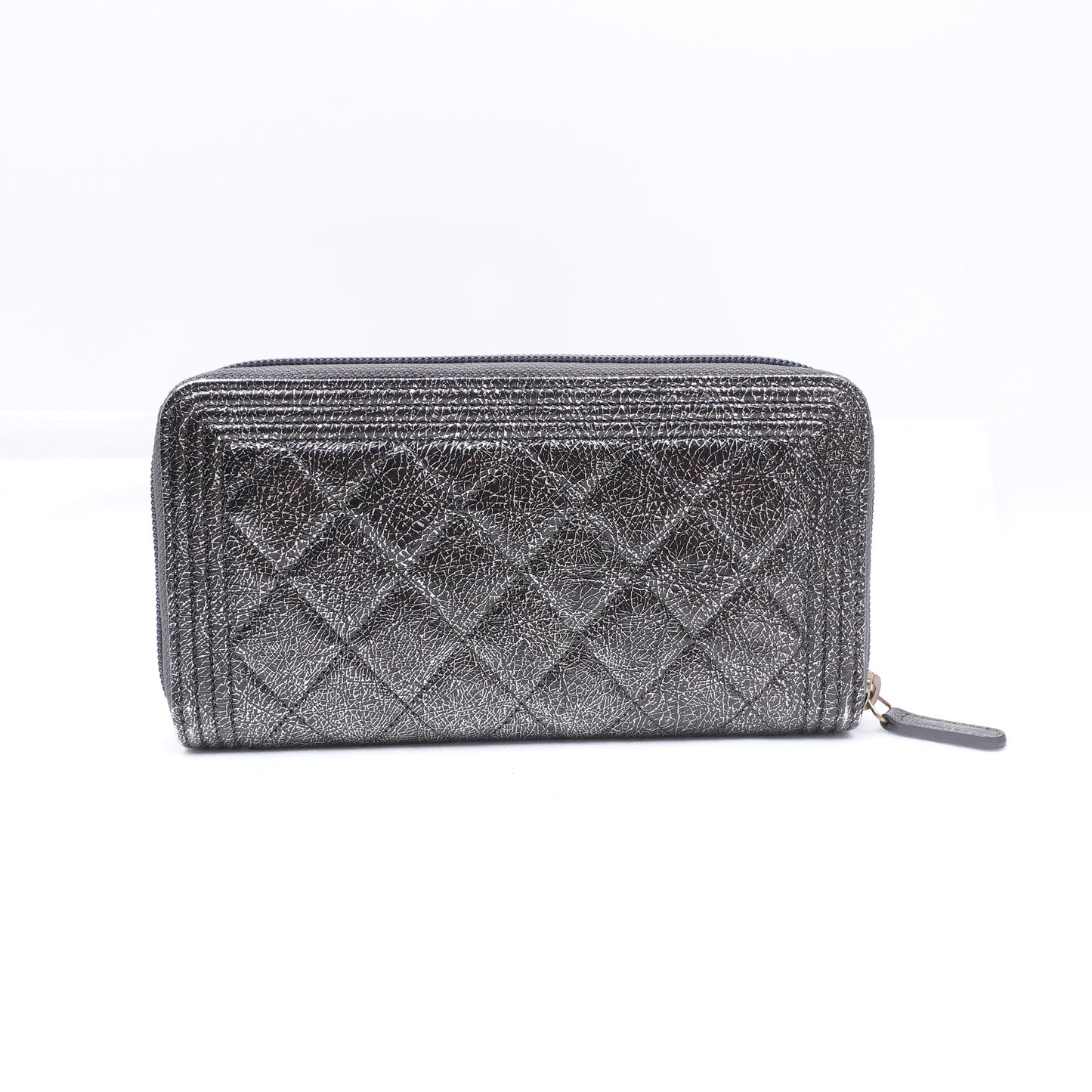 PRE-OWNED CC Cracked Metallic Calfskin Quilted Boy Long Zip Around Wallet