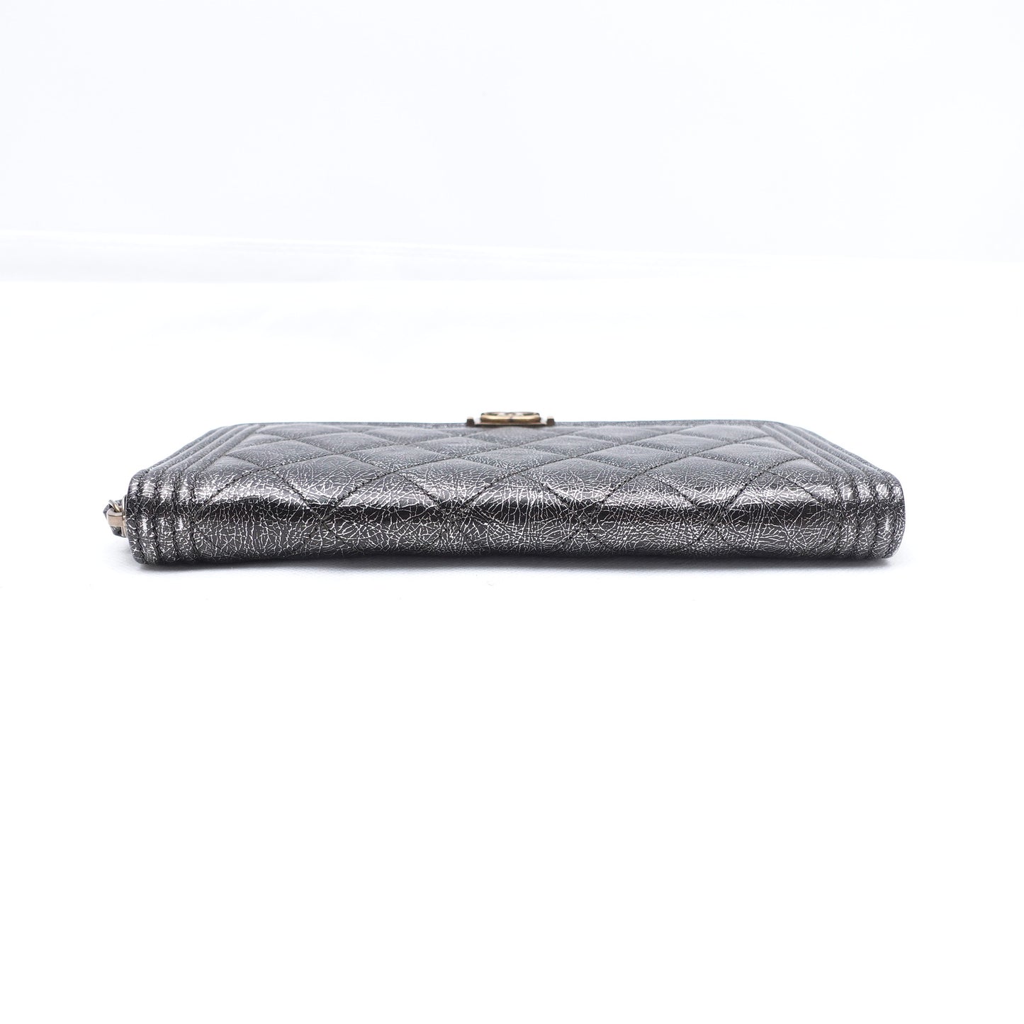 PRE-OWNED CC Cracked Metallic Calfskin Quilted Boy Long Zip Around Wallet