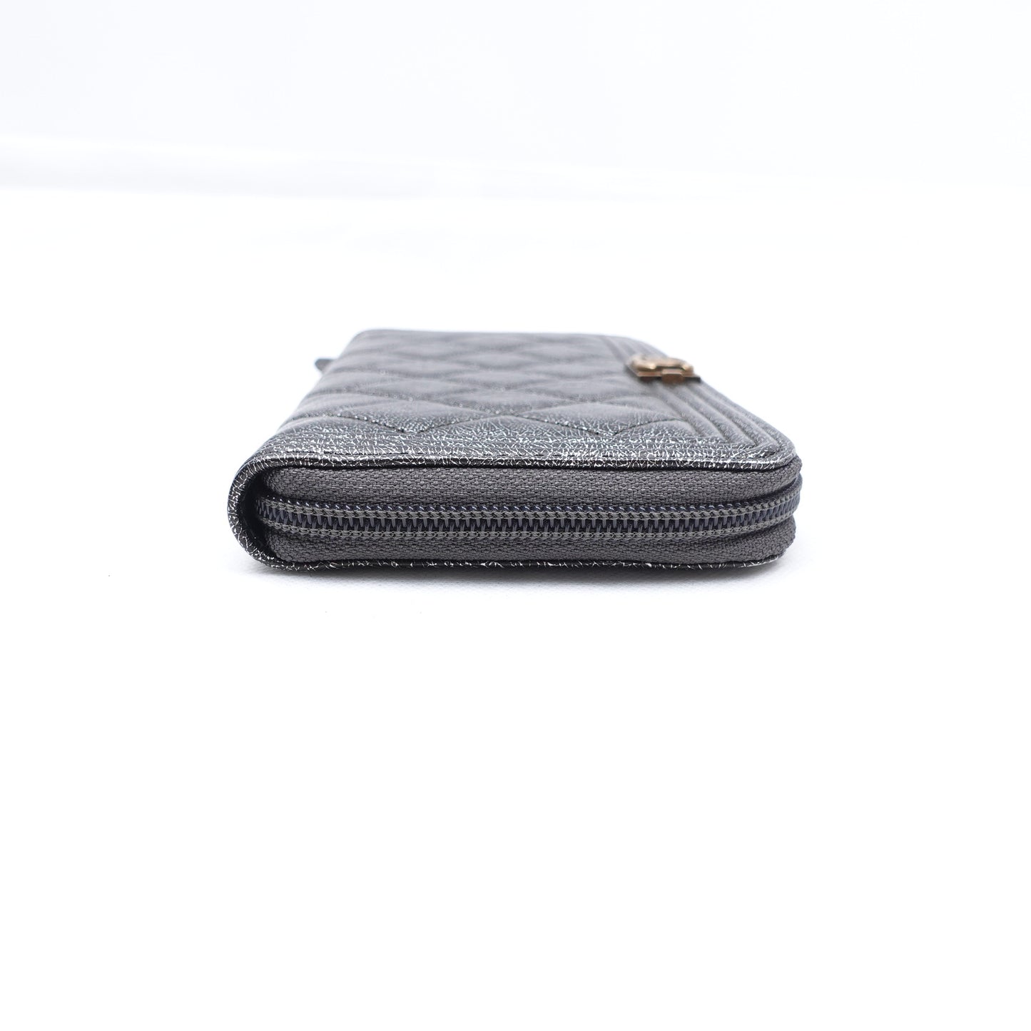 PRE-OWNED CC Cracked Metallic Calfskin Quilted Boy Long Zip Around Wallet