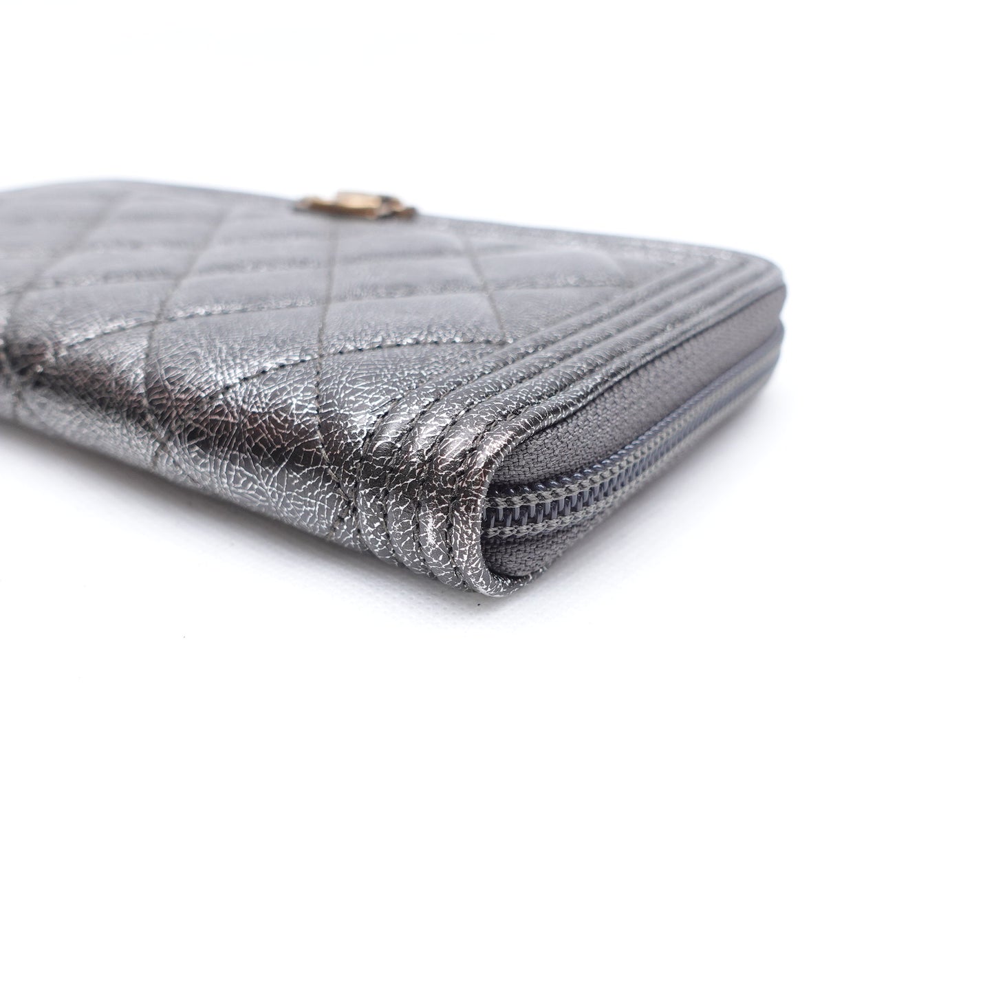 PRE-OWNED CC Cracked Metallic Calfskin Quilted Boy Long Zip Around Wallet