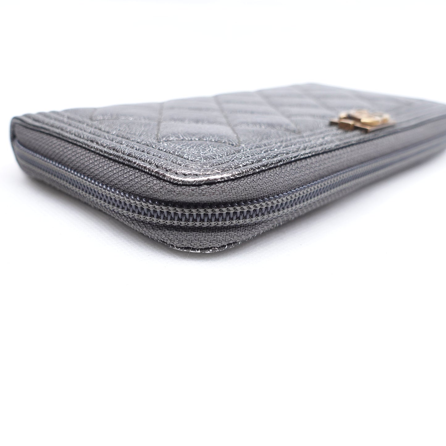 PRE-OWNED CC Cracked Metallic Calfskin Quilted Boy Long Zip Around Wallet