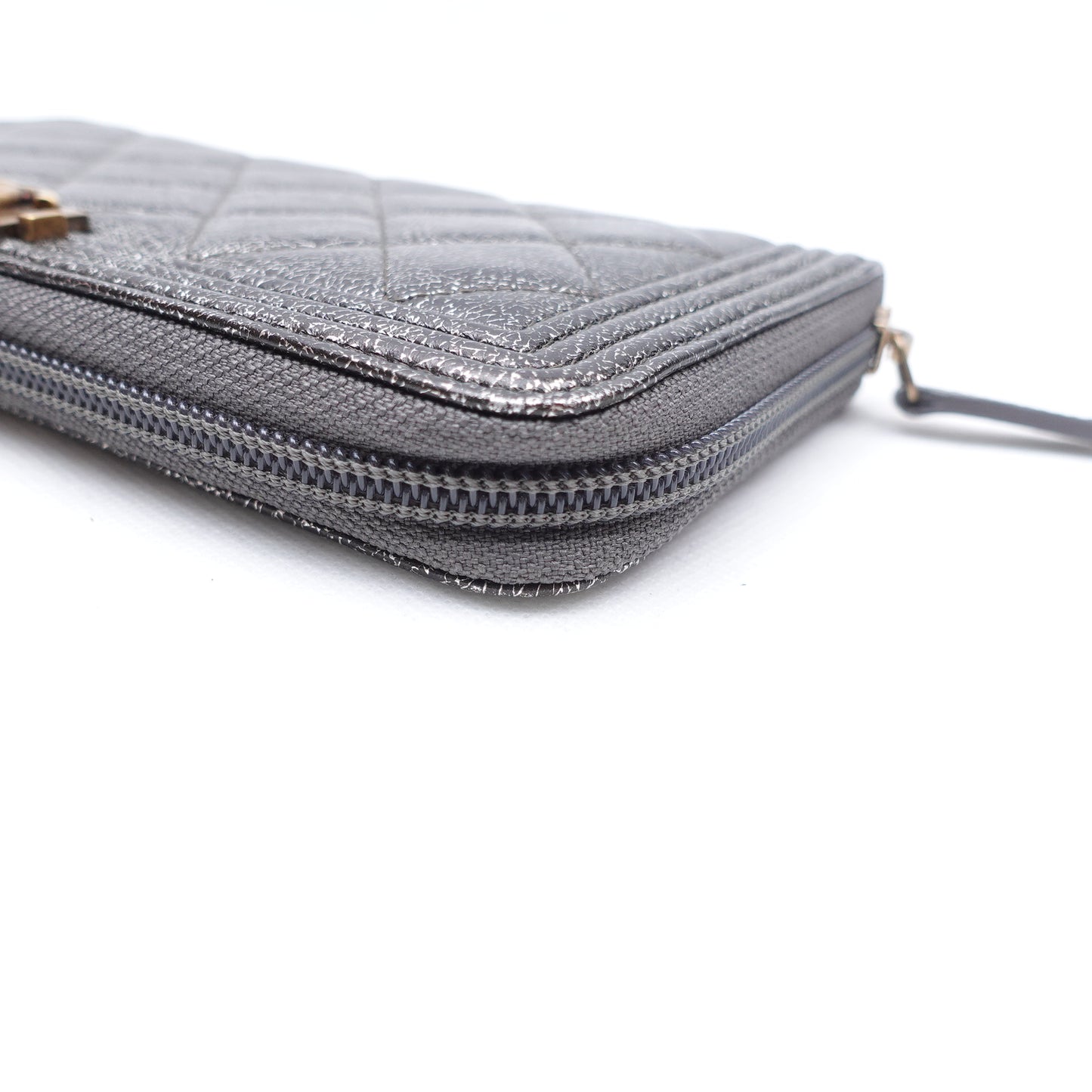 PRE-OWNED CC Cracked Metallic Calfskin Quilted Boy Long Zip Around Wallet