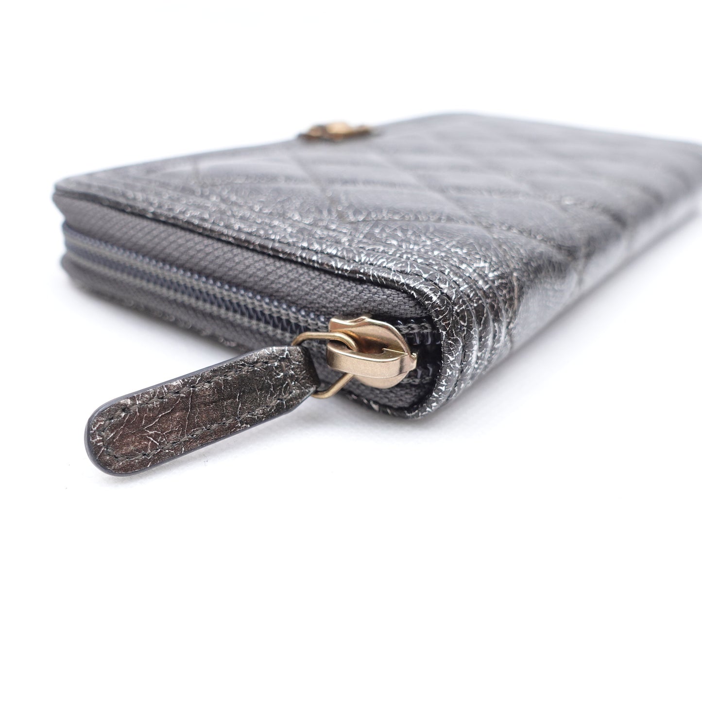 PRE-OWNED CC Cracked Metallic Calfskin Quilted Boy Long Zip Around Wallet