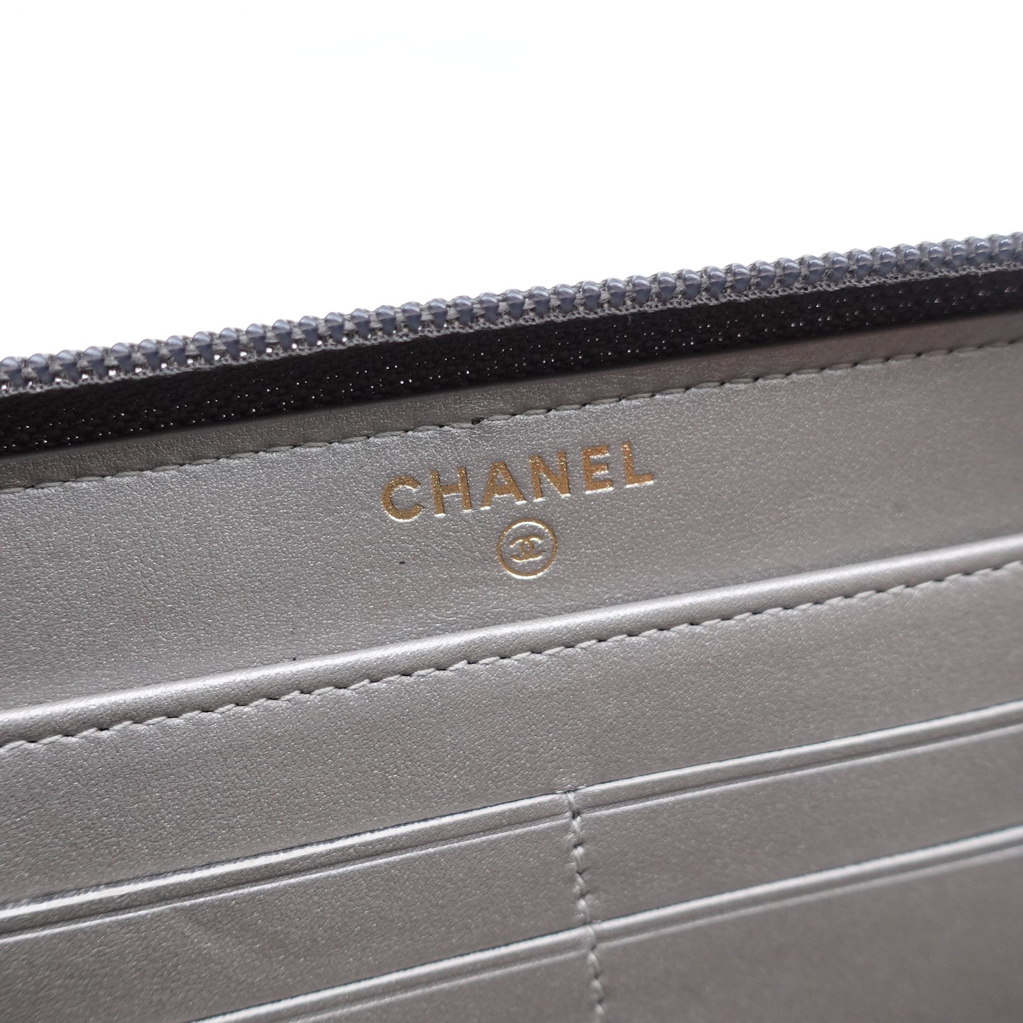 PRE-OWNED CC Cracked Metallic Calfskin Quilted Boy Long Zip Around Wallet
