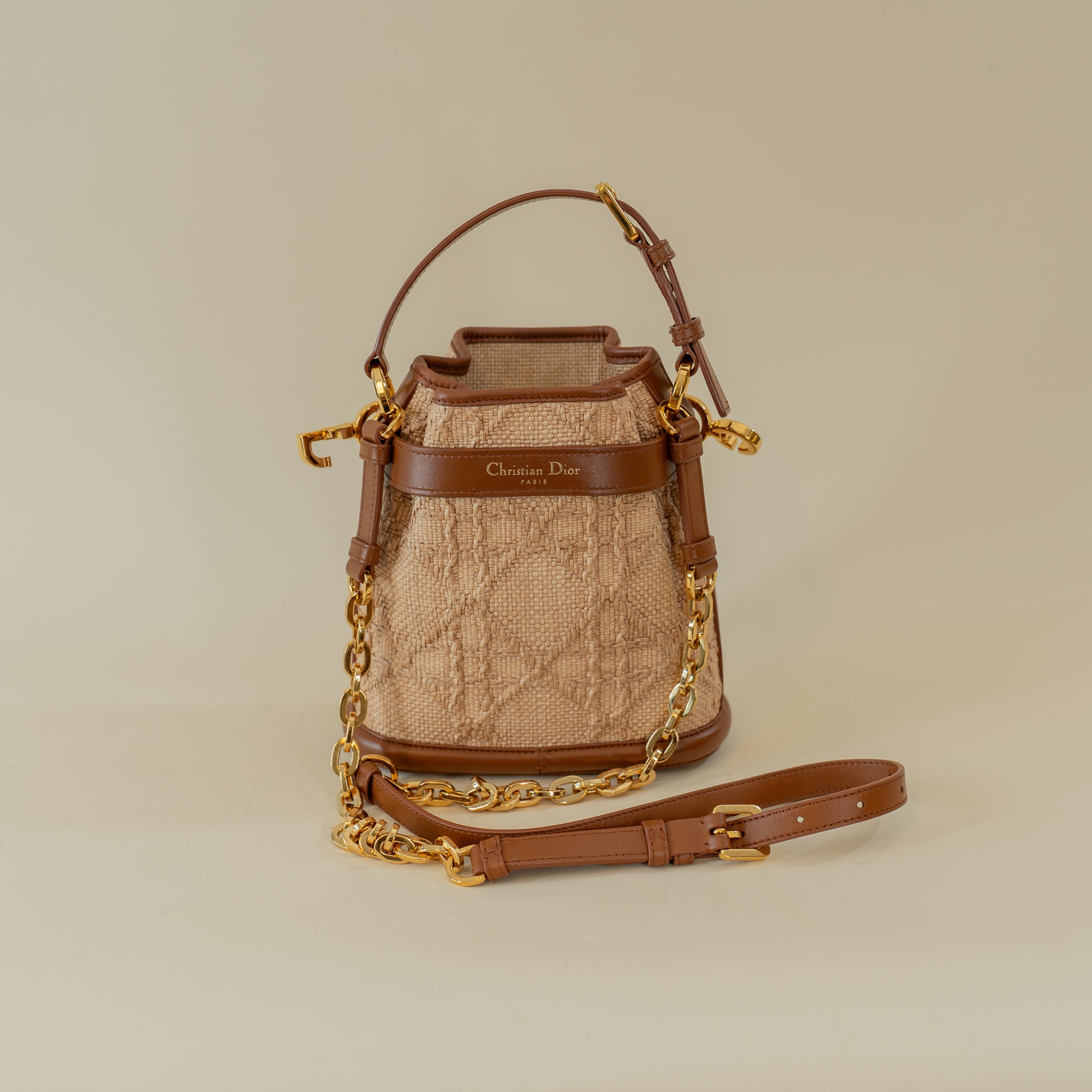PRE-OWNED Raffia Calfskin Cannage Small C'est Dior Cannage Bucket Bag