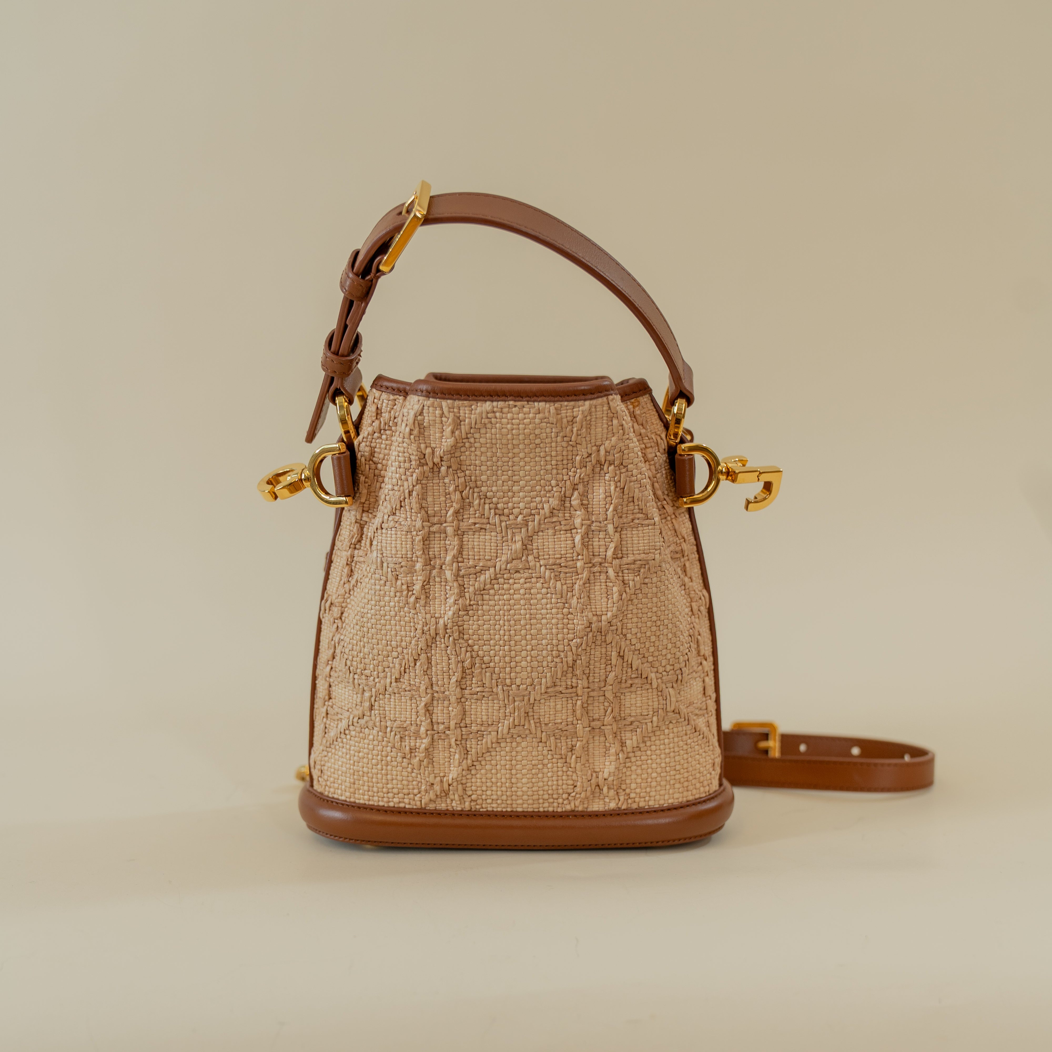 PRE-OWNED Raffia Calfskin Cannage Small C'est Dior Cannage Bucket Bag