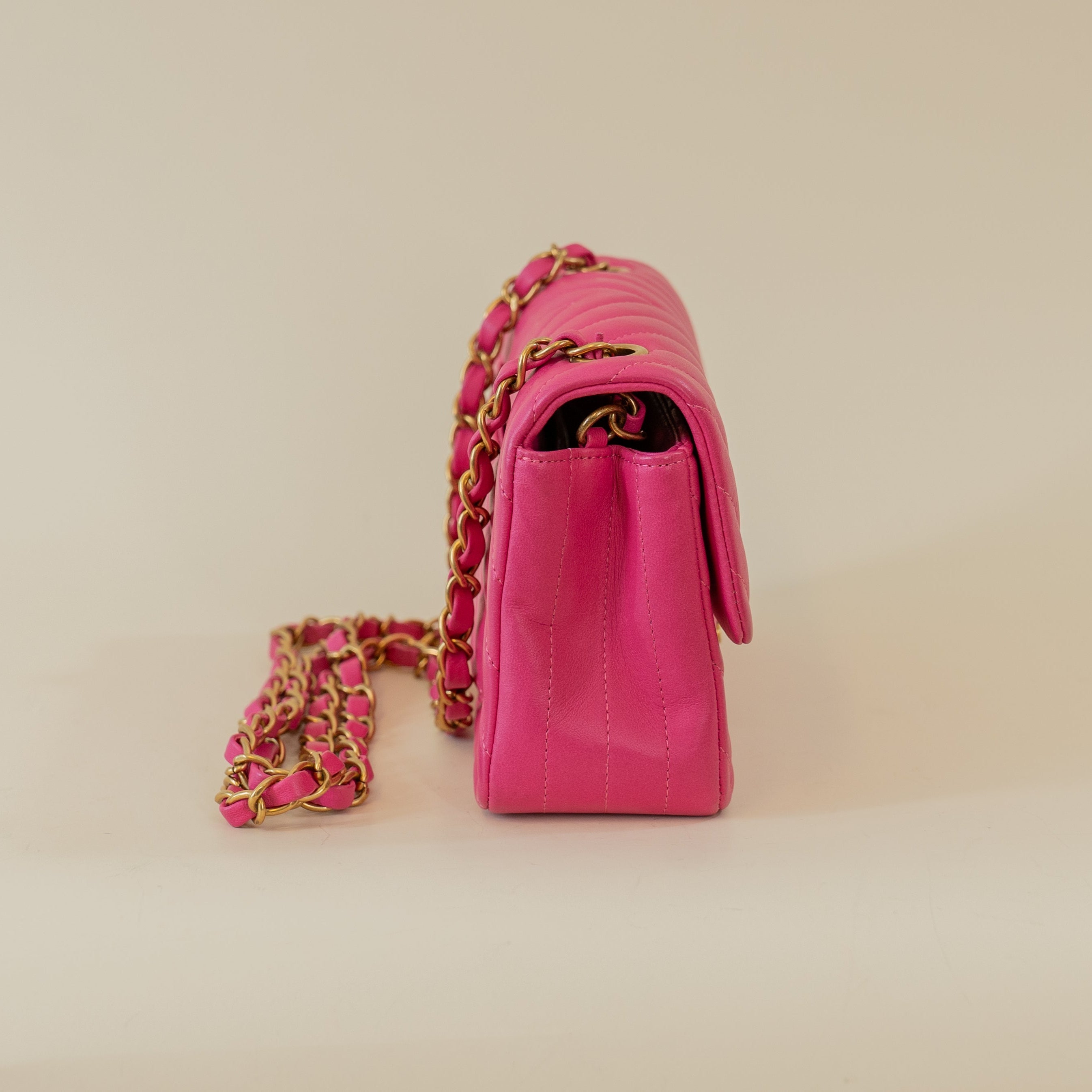 PRE-OWNED CC Pink Mini Lambskin Chevron Quilted Medium Double Flap