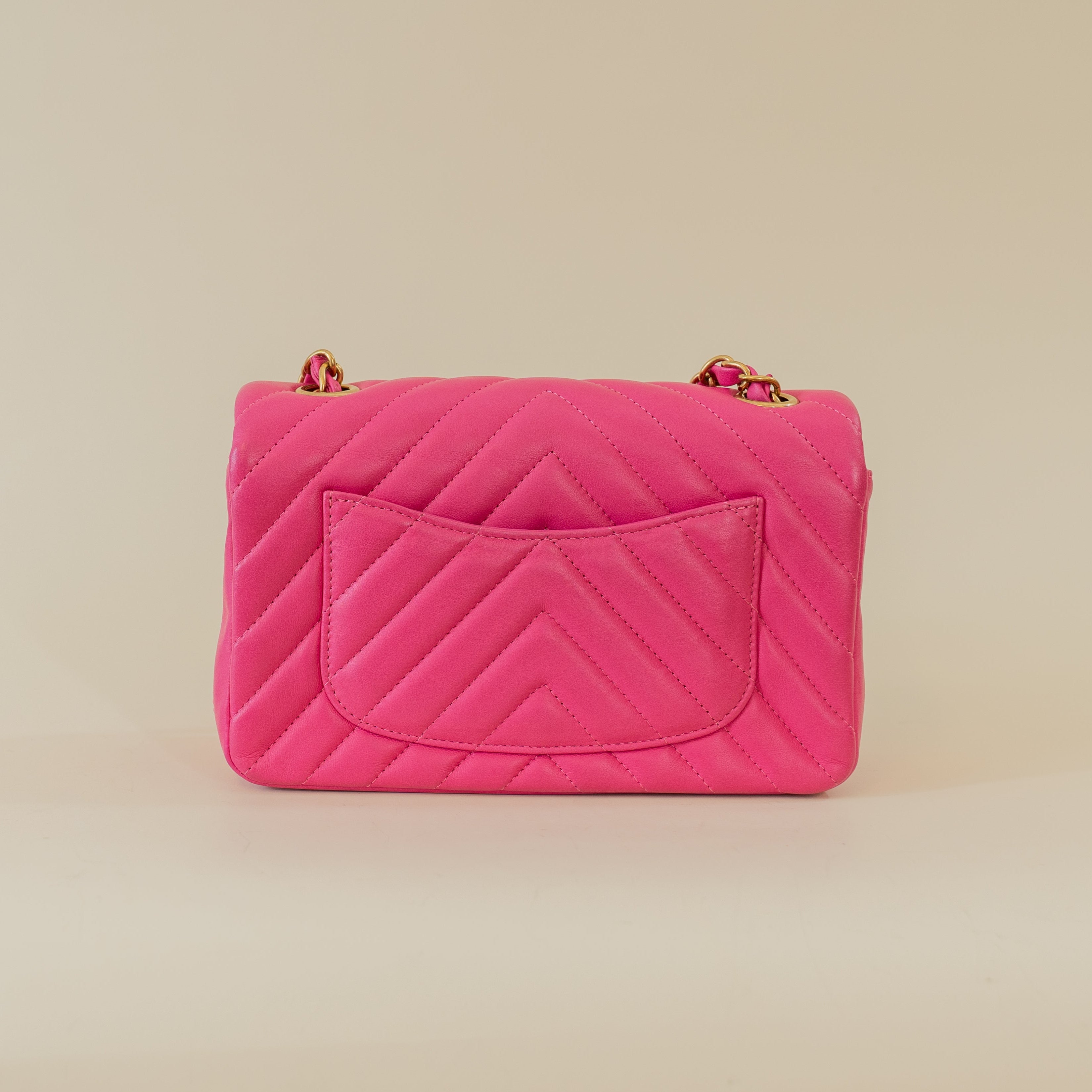 PRE-OWNED CC Pink Mini Lambskin Chevron Quilted Medium Double Flap
