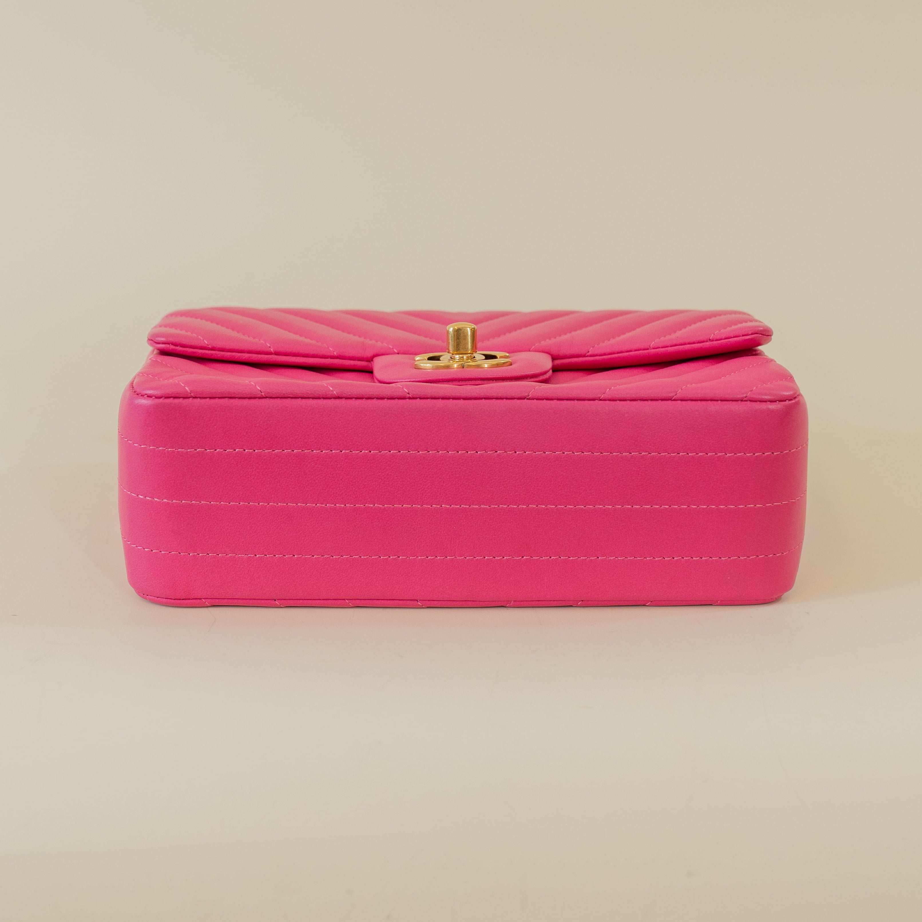 PRE-OWNED CC Pink Mini Lambskin Chevron Quilted Medium Double Flap